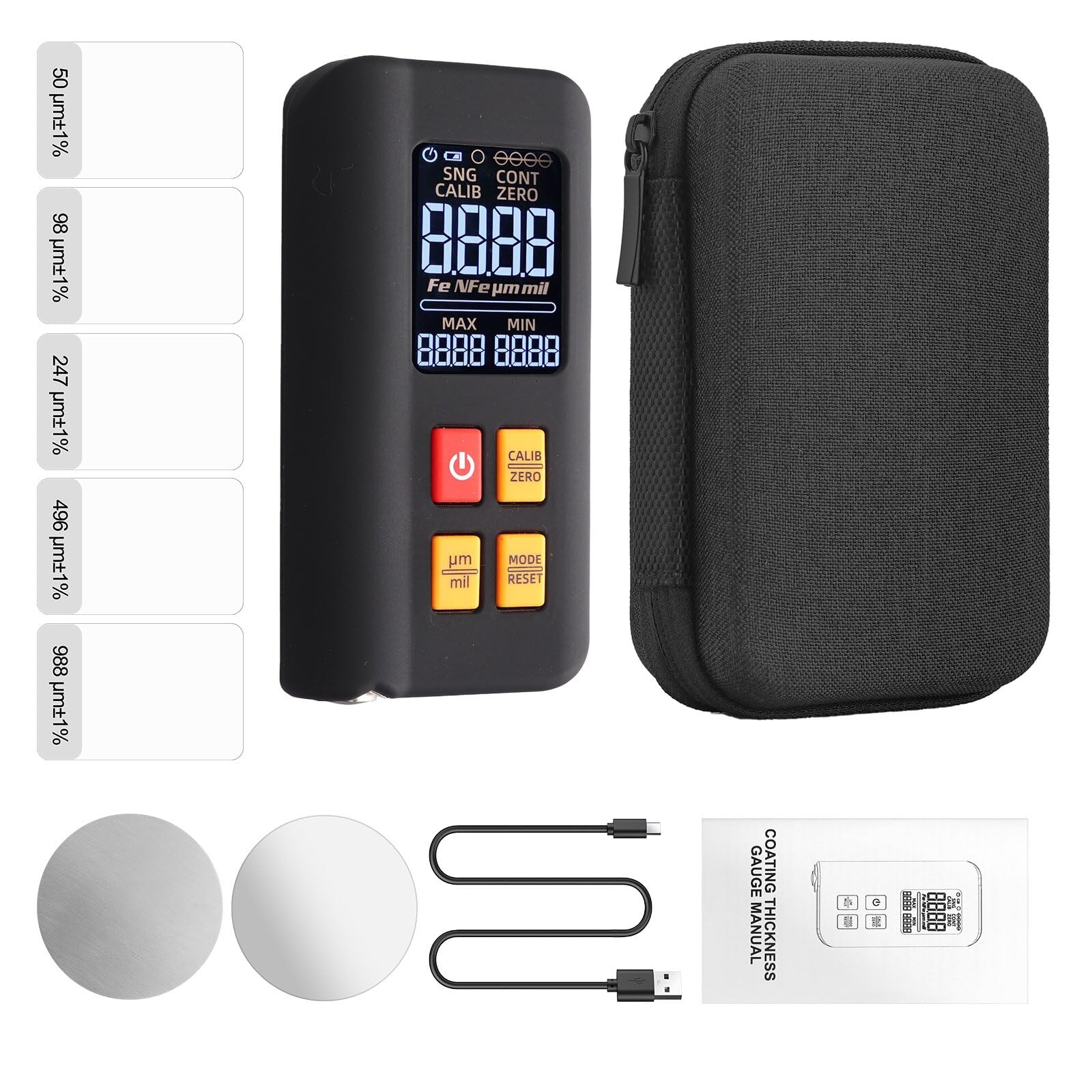 Proster Thickness Gauge - Car Paint Coating Thickness Gauge Fe & NFe Probe with LCD Backlight Non-Destructively 0-1500μm Measure Range Rechargeable Paint Depth Gauge for Automotive Painting Industrial