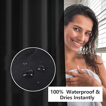 Shower Curtain Mould Proof Mildew Resistant, Waterproof PEVA Black Bathroom Curtain Set With 12 Pcs Hooks, 180 x 180cm Quick-Drying Shower Curtain for Hotel Bath Tub Shower Stall