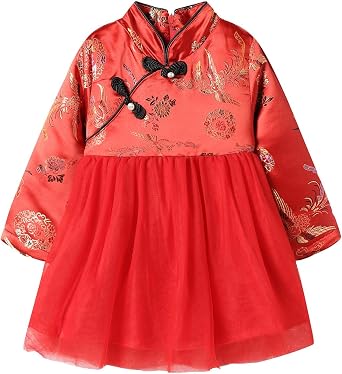 LittleSpring Girls Qipao Dress Long Sleeve Fleece Lined Chinese Dress 1-10 Years