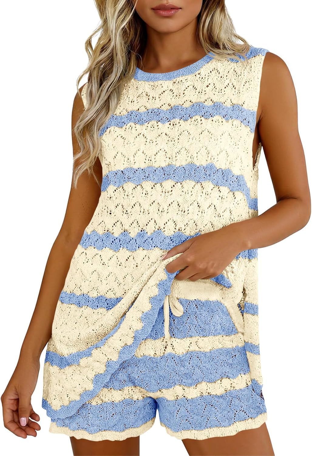 Fisoew Womens Crochet Swimsuit Coverup Sets Sleeveless Tank Tops Drawstring Shorts Sets Summer Beach Vacation Outfit