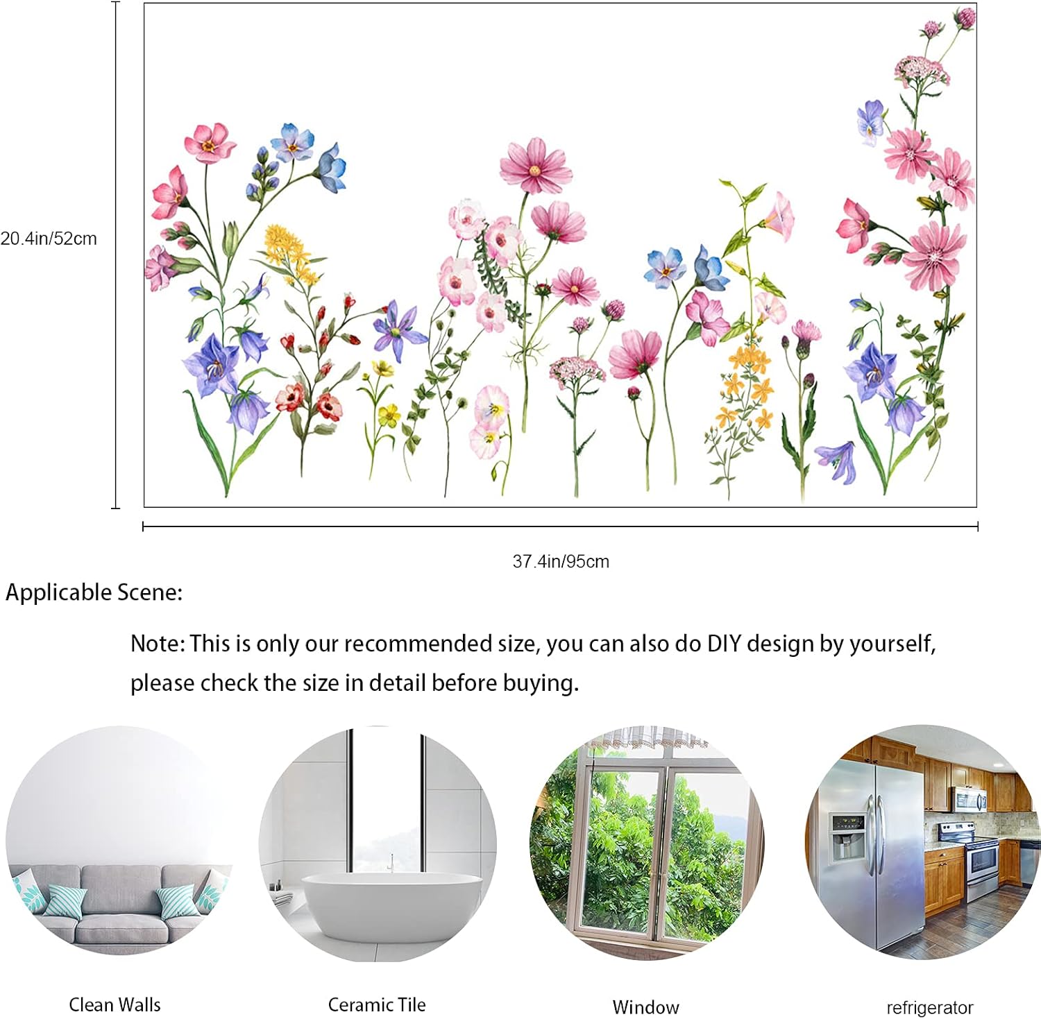 Colorful Flowers Vines Wall Decals, Removable Green Plants Leaves Peel and Stick Wall Stickers, Elegant Floral Art Mural Wallpaper for Baby Kids Bedroom Bathroom Living Room Home Decoration