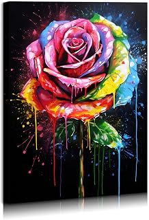 Abstract Rose Flowers Wall Art Colorful Rose Graffiti Canvas Painting Rainbow Flower Bloom Closeup Picture Framed Artwork for Living Room Bathroom Bedroom Home Decorations 12x16inches