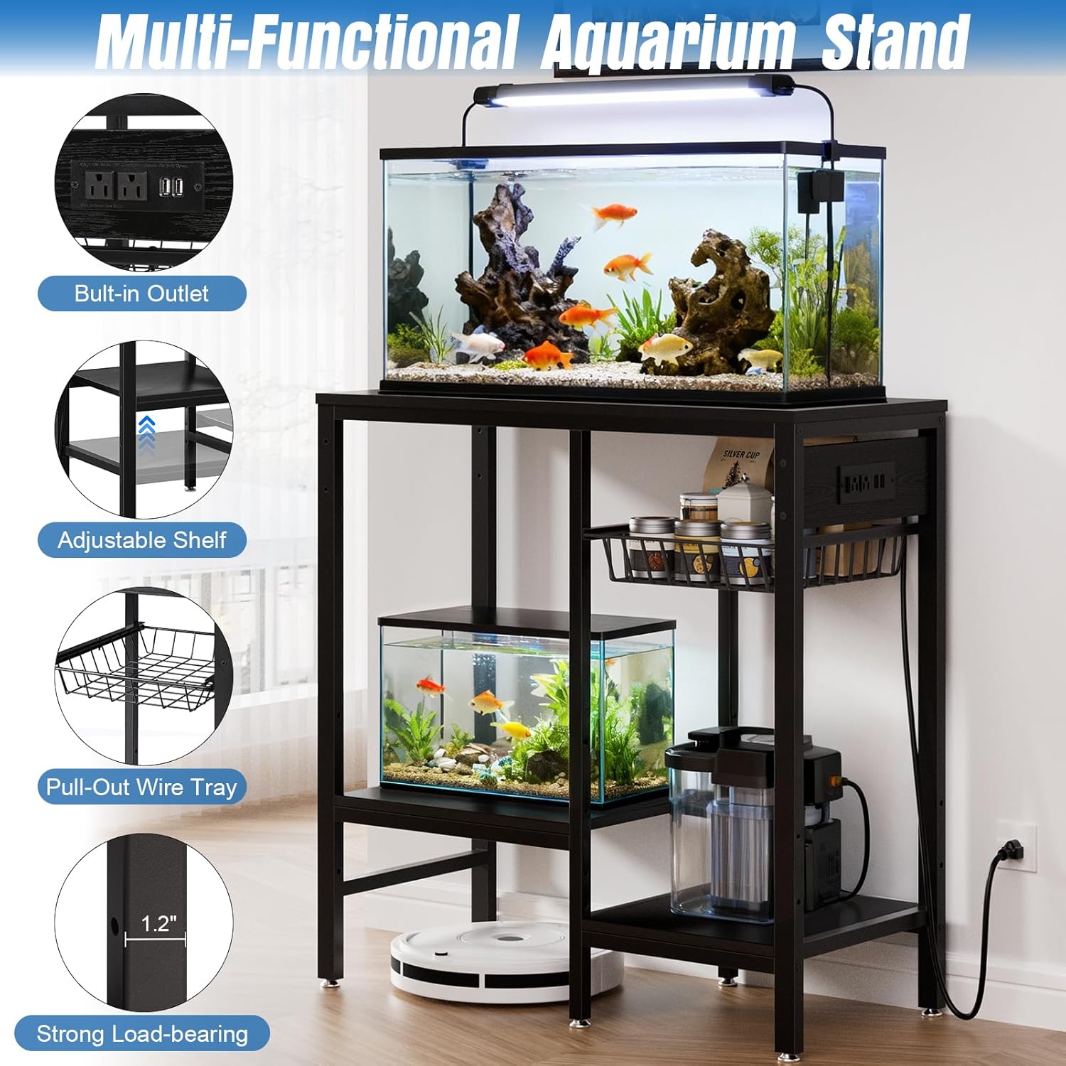 Livofloral 20 Gallon Fish Tank Stand with Power Outlet, Metal Aquarium Stand with Adjustable Shelves, Ample Storage for Filter and Fish Tanks Accessories, Reptile Tank Stands, 660 LBS, Black