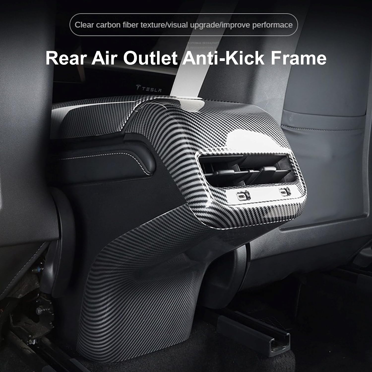 Rear Anti Kick Cover Protector Trim, Rear Air Condition Vent Outlet Anti Kick Trim, Compatible with Tesla Model 3 2017-2023 Tesla Model Y 2020-2023, Carbon Fiber Interior Trim Cover ABS