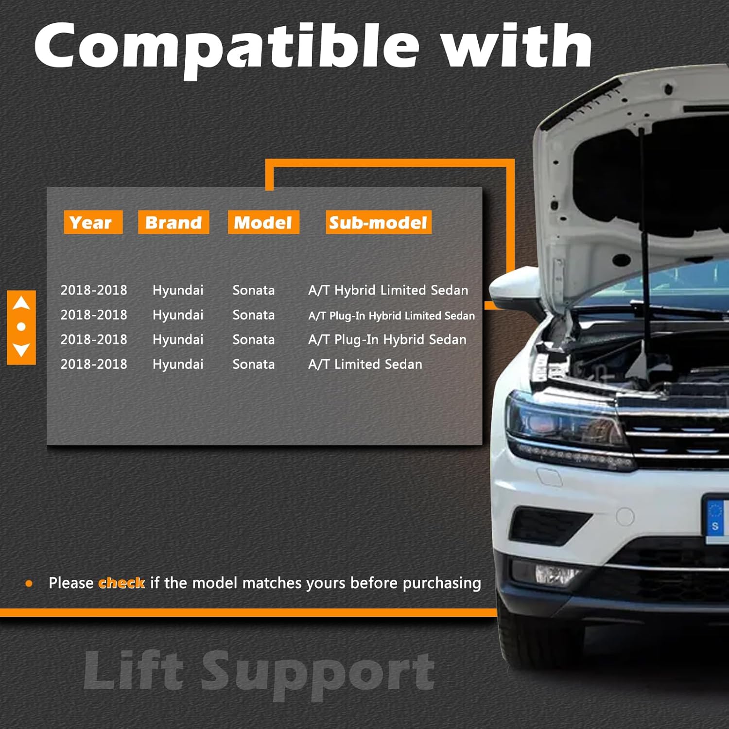 14.69 in 2Pcs Hood Lift Support Struts Gas Spring Shocks Rod Compatible with Hyundai Sonata 2018-2019 Replaces # 81161-C1500 81171-C1500 (Note : 4 Door, Sedan)