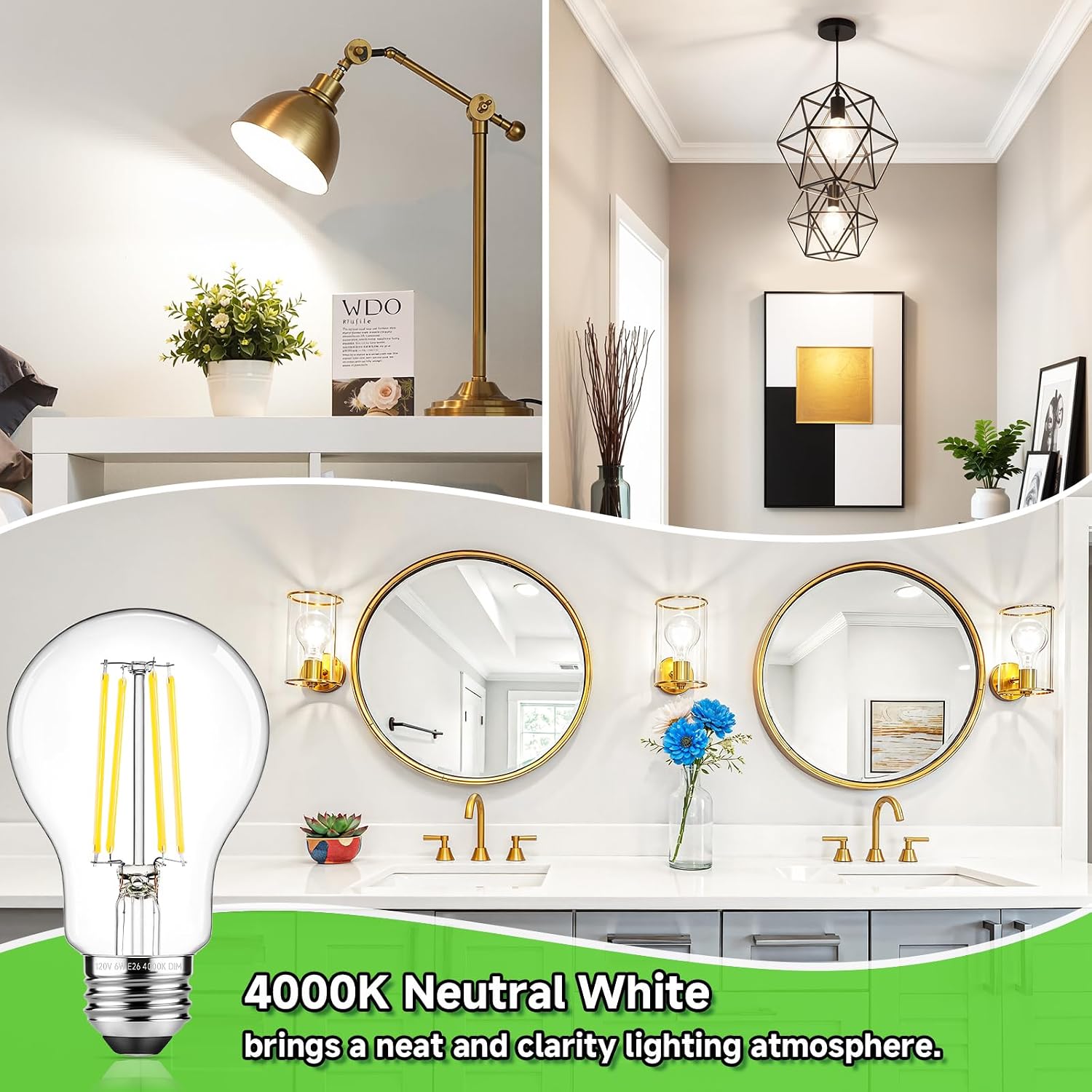 ASOMST Dimmable A19 LED Filament Bulb 60W Equivalent, 6W Vintage Edison Light Bulbs 4000K Neutral White 850 LM, Clear Glass, E26 Base, 4 Pack