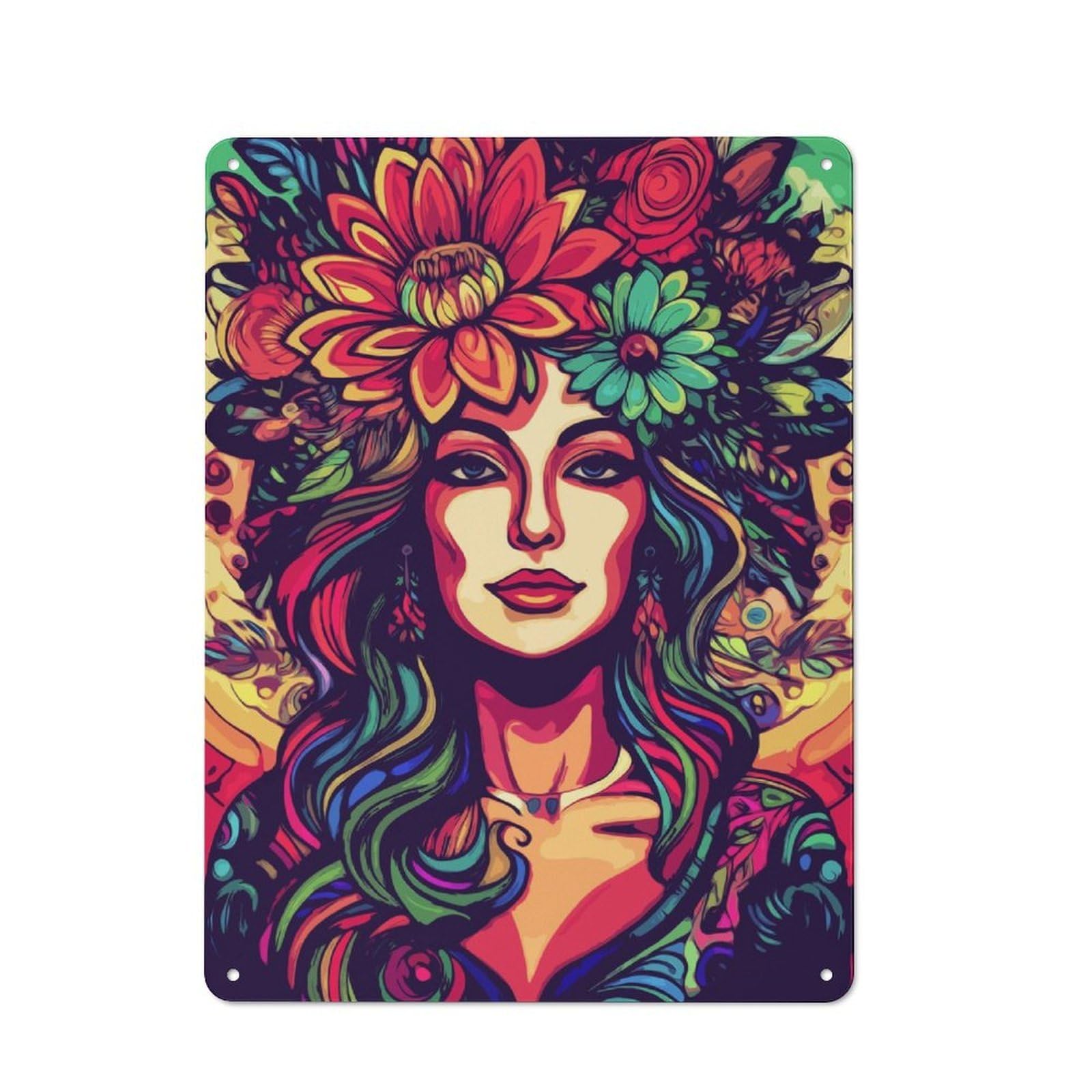 Junmoney Floral Woman Portrait Vintage Tin Sign 40X30cm For Garden Room Or Summerhouse, For A Newly Organised Room And Metal Sign Display