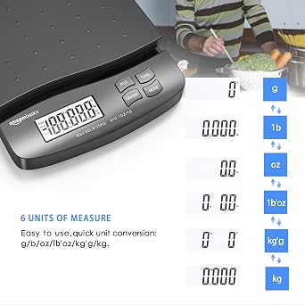 Amazon Basics Digital Postal Shipping Scale with Tare Function, AC Adapter, 65 lb Capacity, 0.1 oz Readability, LCD Display, Black