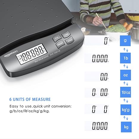 Amazon Basics Digital Postal Shipping Scale with Tare Function, AC Adapter, 65 lb Capacity, 0.1 oz Readability, LCD Display, Black