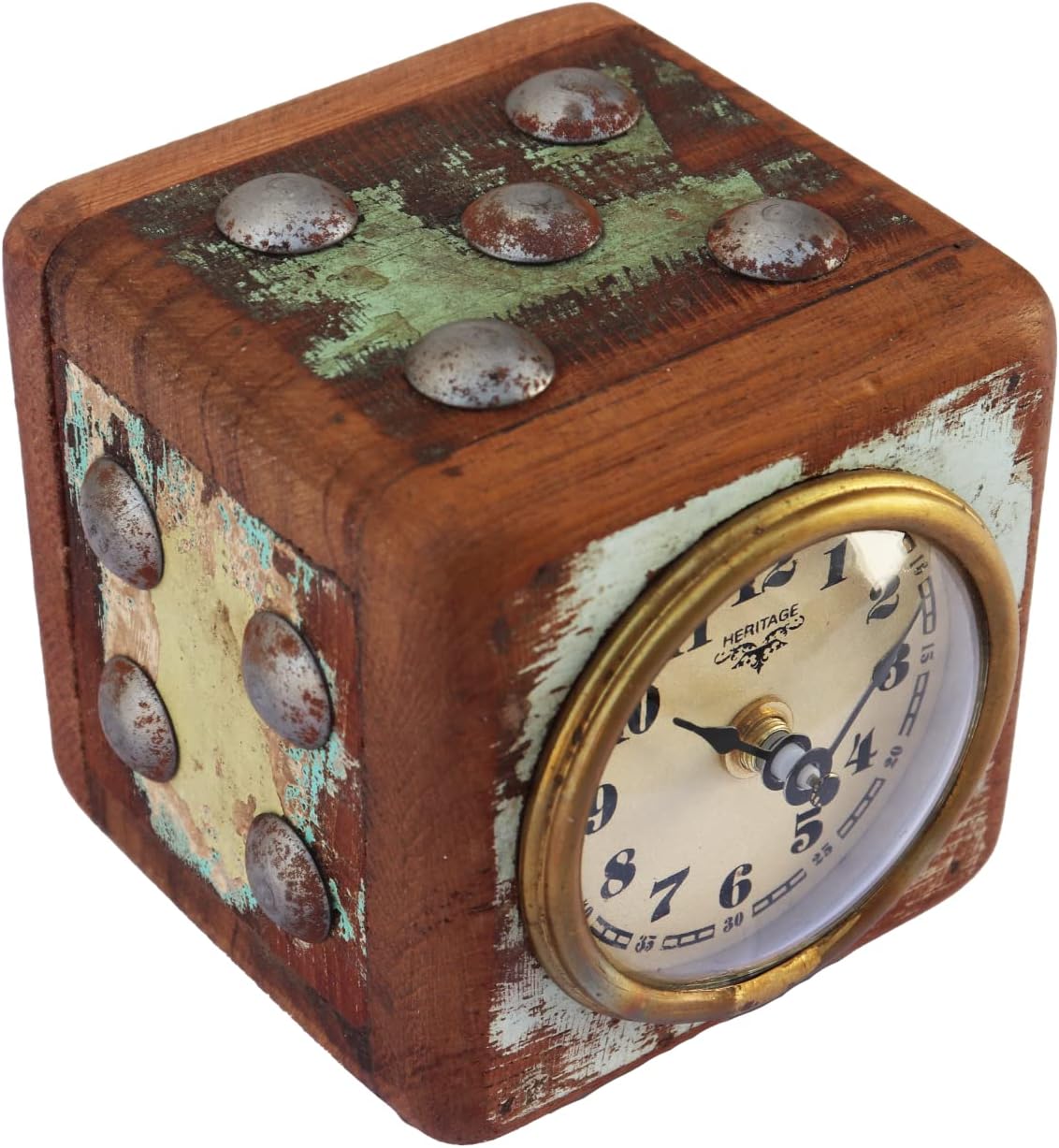 De Kulture WorksHandcrafted Reclaimed Wood Dice Vintage Table Clock Limited Edition Collectible Timepieces Antique Timekeeper for Living Dining Room Office,12x12x12 (LWH)
