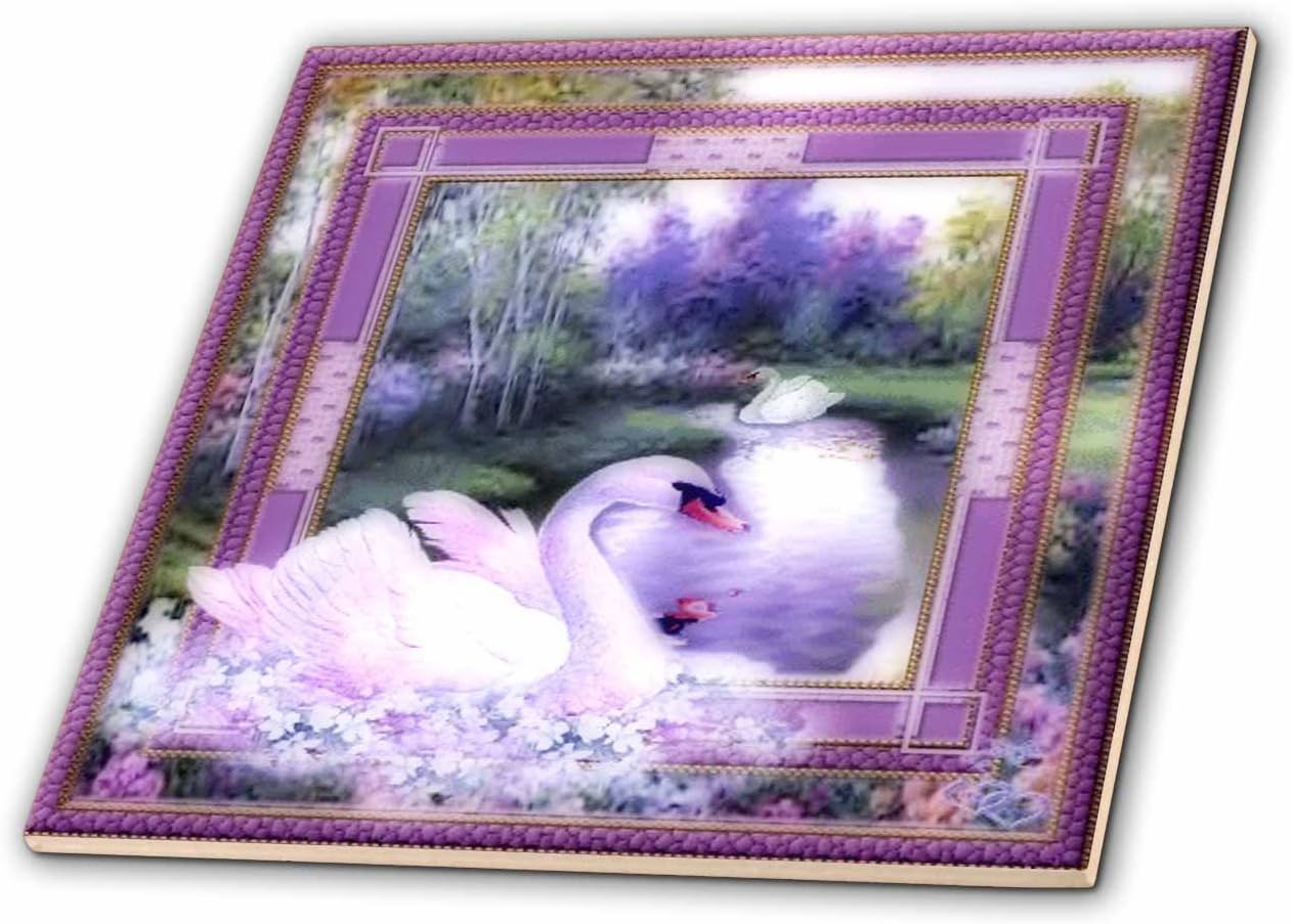 3dRose ct_128834_7 Beautiful White Swan by The Lake and Purple Decorated Pattern Frame a Nature Beauty Glass Tile, 8-Inch