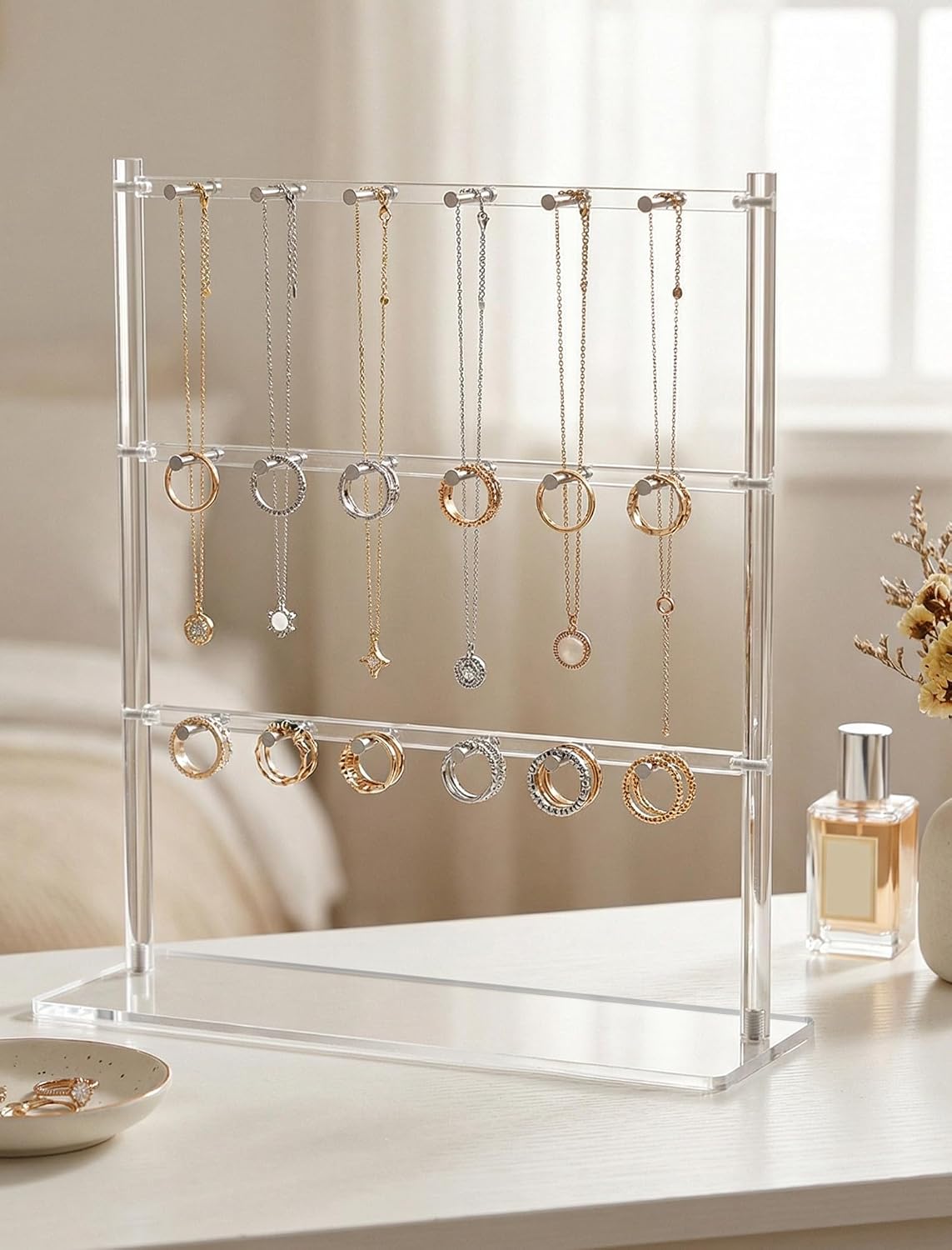 NiHome Clear Acrylic Keychain Display Stand, 18 Hooks Key Chain Organizer | 3-Tier Acrylic Organizer for Keychains Earrings Rings Necklaces, Clear Countertop Display Rack for Retail Stores, Craft Shows