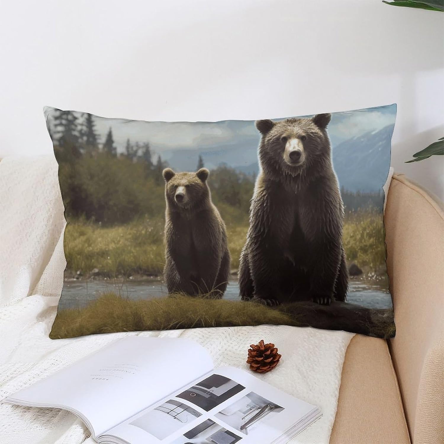 Encounter Animal Bear Pillow Cases Queen Size Set of 1 Soft Comfortable Throw Pillows Covers Decorative Pillowcase with Zipper Bed Cushion Covers for Couch Sofa Bedroom 12 "x20