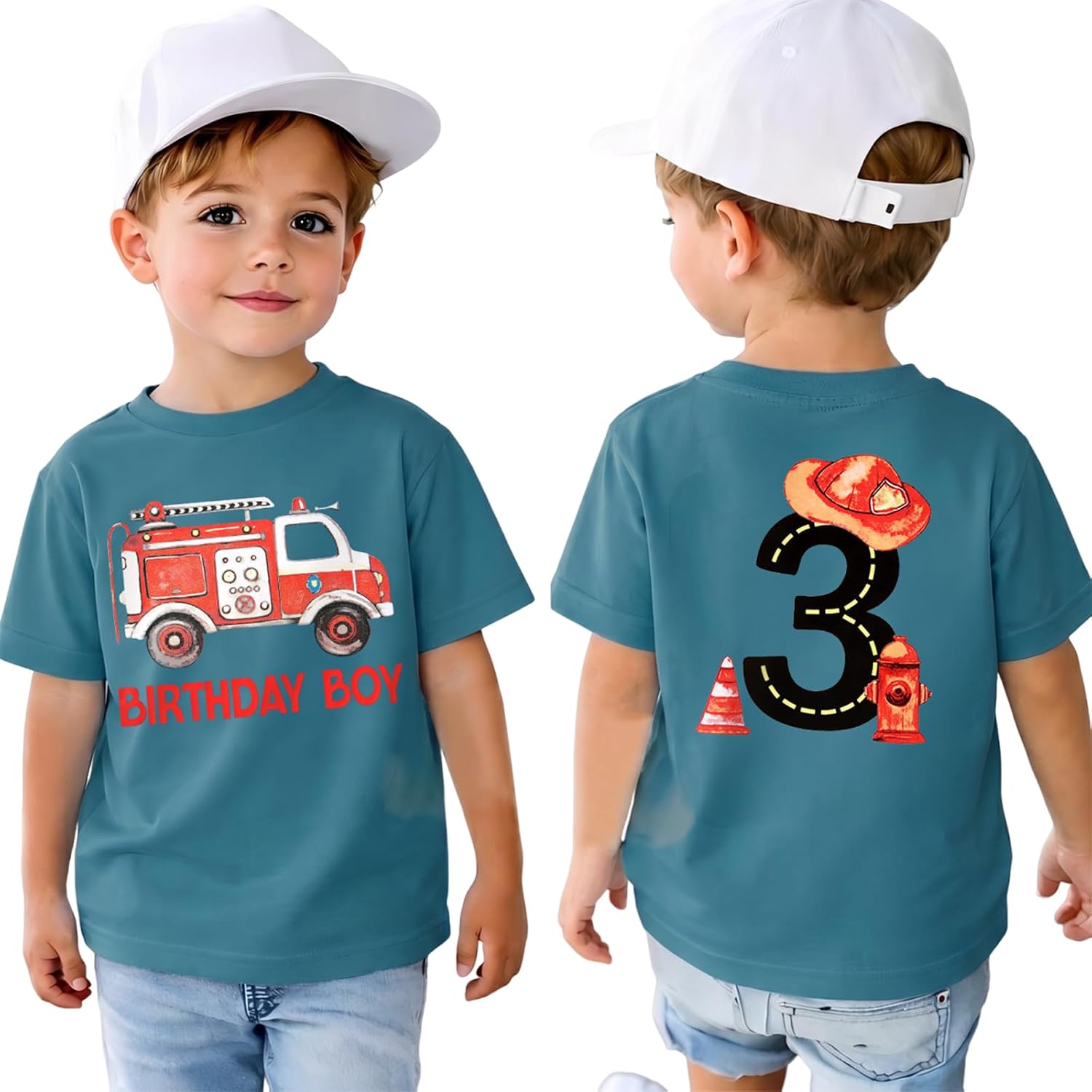 IZYJOY Toddler Boys Birthday Shirt 1-4 Year Old Birthday Boy T-Shirt Kids Fire Truck Outfit Firefighter Theme Summer Tee Tops