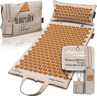 Glanzstück Berlin® Health Collection: XL Akupressurmatte Set INTENSE aus Leinen, Hilfe bei Verspannungen, Rückenschmerzen, Massagematte mit Kissen (Wärmefunktion) & Tasche, nachhaltig