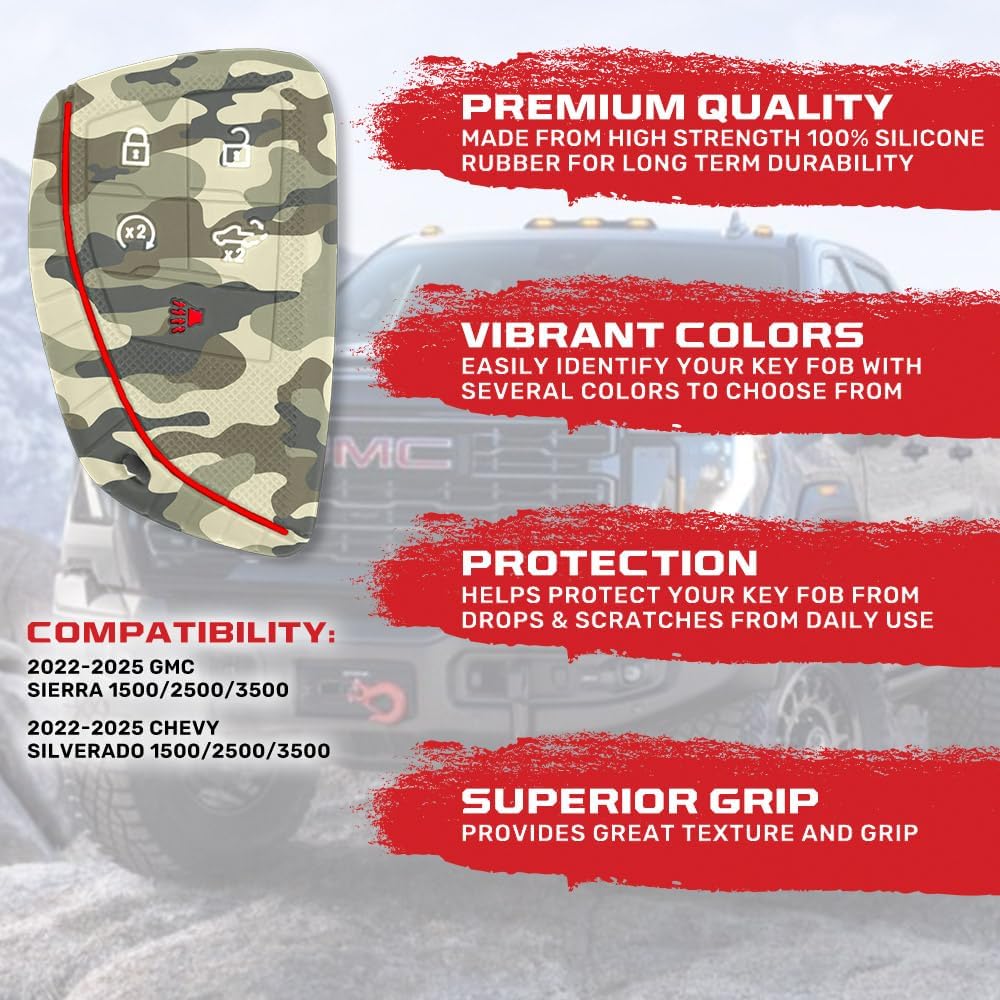 RECON Fits 22-25 GMC Sierra 1500, 2500, 3500 & 22-25 Chevy Silverado 1500, 2500, 3500 100% Silicone Rubber Rugged Key Fob Protection Cover Premium Quality 5 Button (Green CAMO)