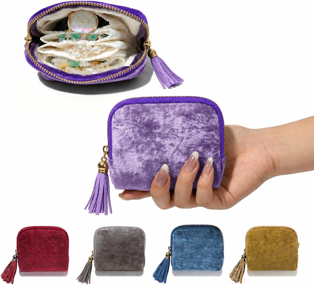Travel Jewelry Case Organizer for Women Portable Jewelry Box with Zipper Pouches for Rings Necklaces Earrings Bracelets Compact Jewelry Storage for Travel Gift Daily Use (Purple)