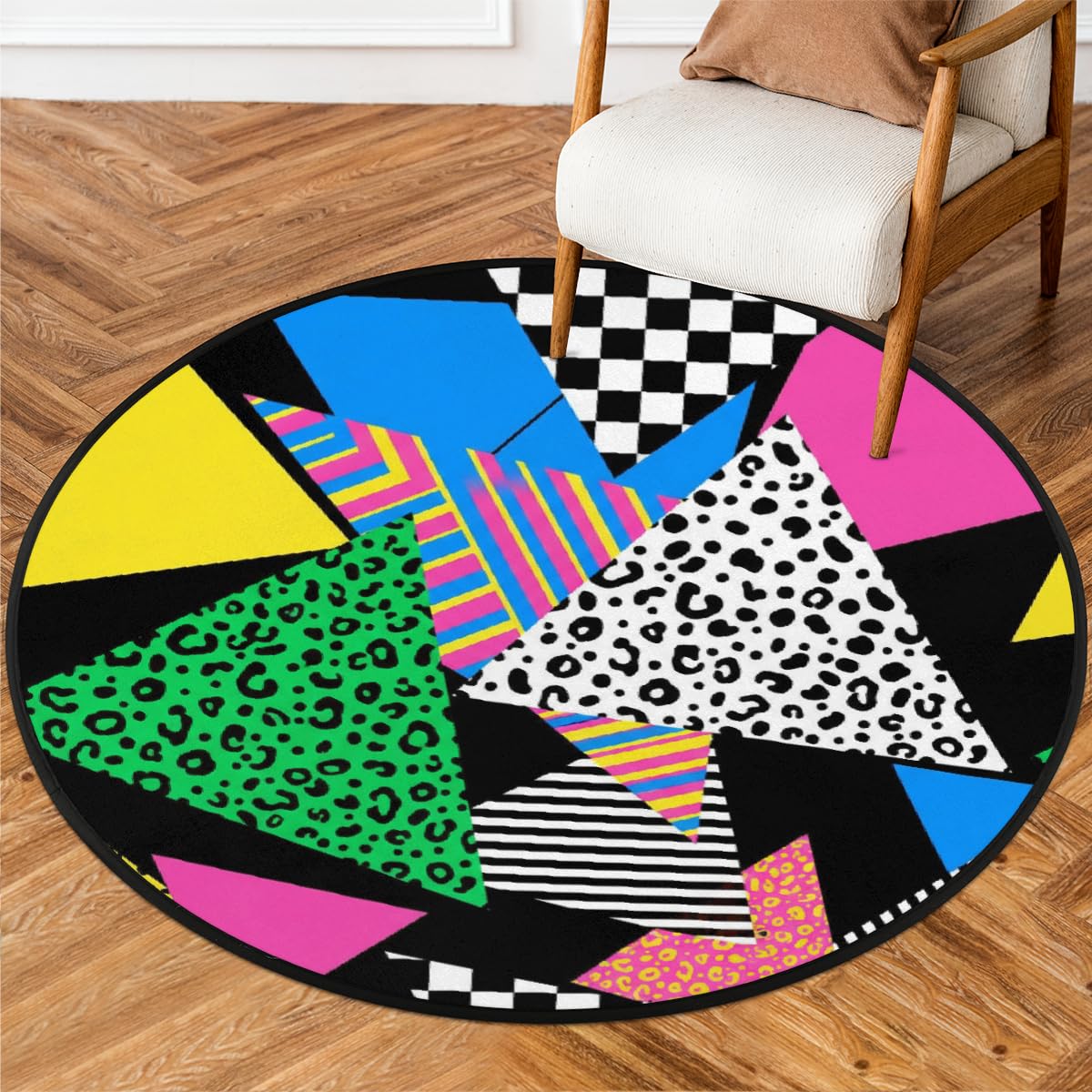 Tapis rond 160 cm lavable et antidérapant rétro des années 80 pour salon et chambre