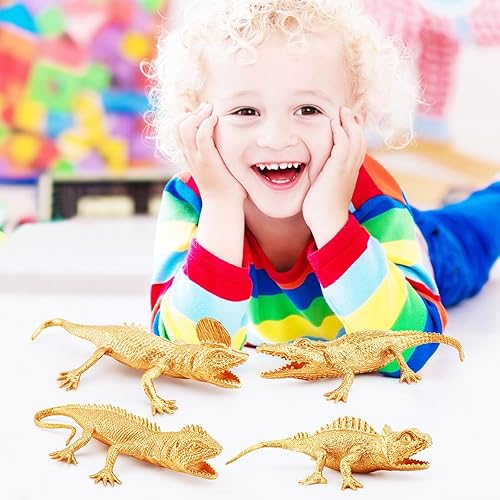 Miniatura 4 de Juego de 4 juguetes de cocodrilo para decoración de pastel de lagarto dorado, decoración de cupcakes de cocodrilo dorado para niños de 4 pulgadas,