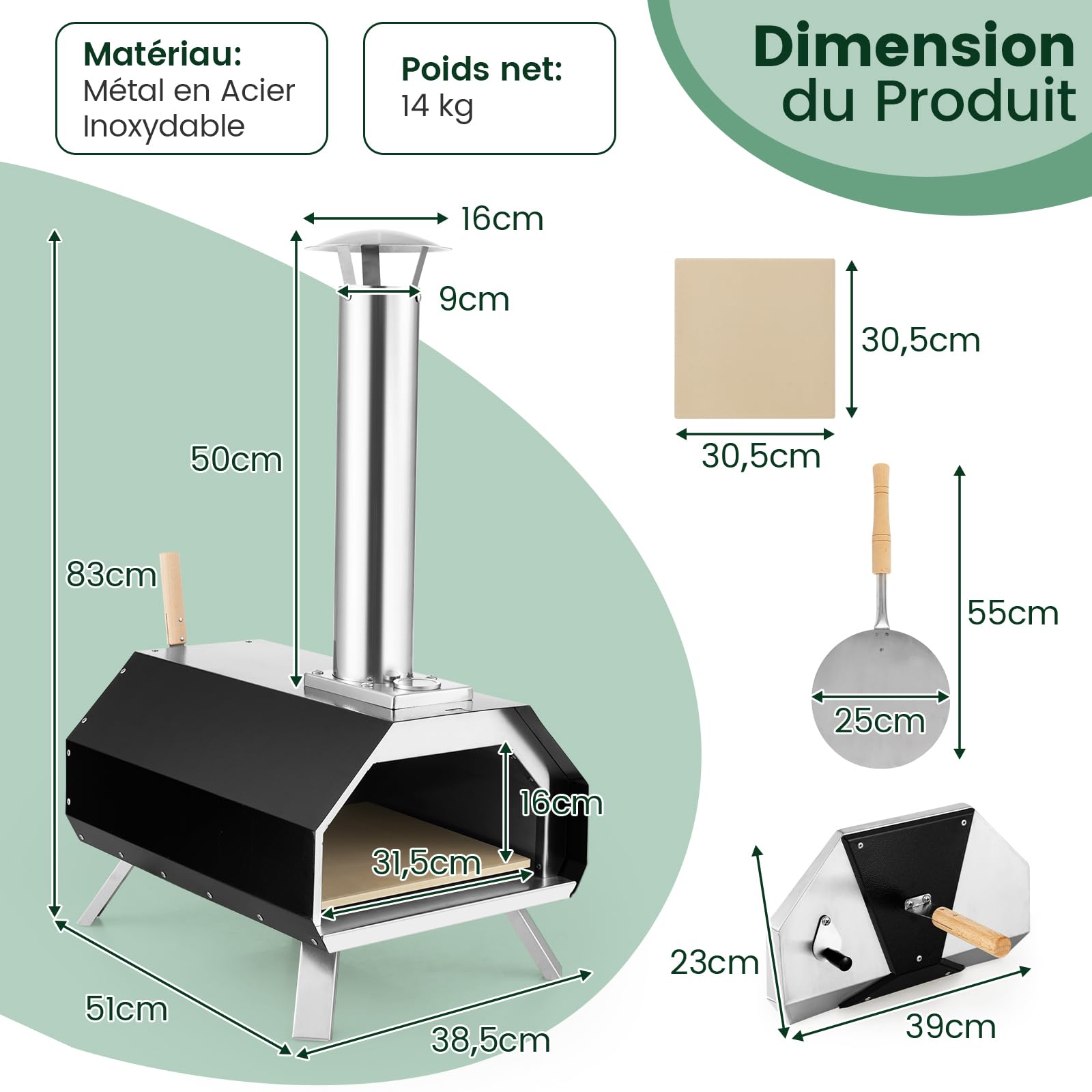 COSTWAY Four à Bois pour Pizza 30,5cm, Four à Pizza Extérieur Portable en Acier Inoxydable avec Pelle Pare-feu Pieds Pliables