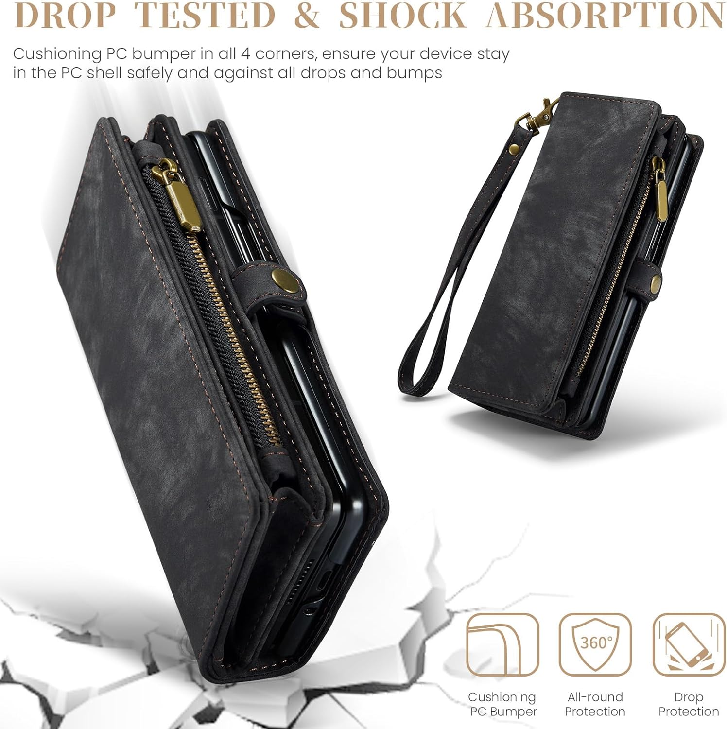 Asuwish Phone Case for Samsung Galaxy Z Fold 6 5G 2024 Zipper Wallet Magnetic Detachable Cover with PU Leather Flip Credit Cash Card Holder Cell Slot Accessories ZFold6 Z6 G Fold6 6Z Women Men Black
