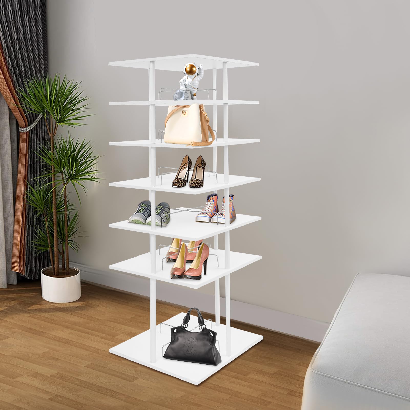 Drehbares Schschrank 6 Ebenen Schuhaufbewahrungsregal 360° drehbar Schuhständer Schuhregal Aufbewahrung weiß Karussell 57x57x155cm für Flur