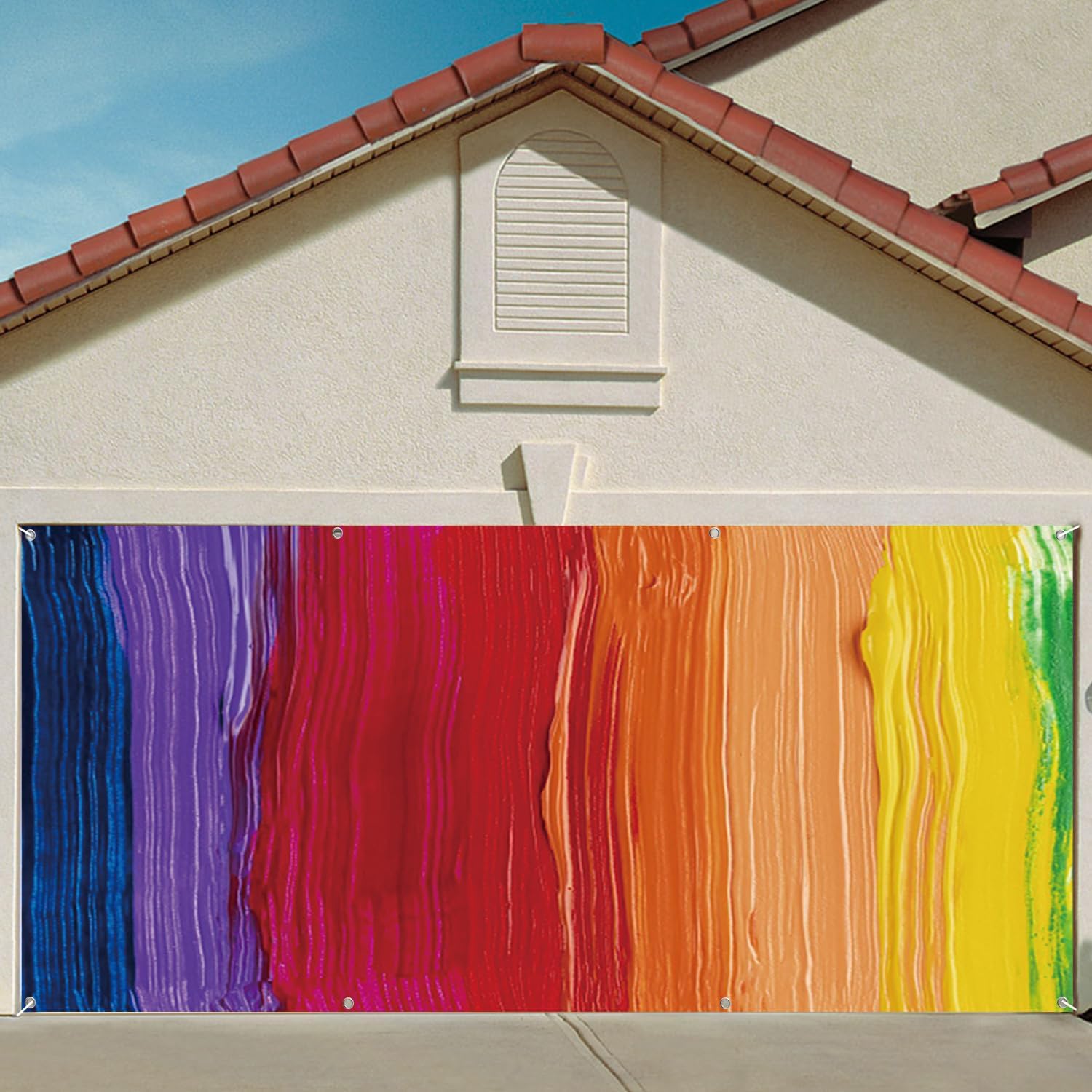 7x8ft Abstract Gradient Rainbow Paint Garage Door Decor Colorful Oil Painting Graffiti Splatter Garage Door Cover for Pet Kid Portrait Retro 80s 90s Wallpaper Banner