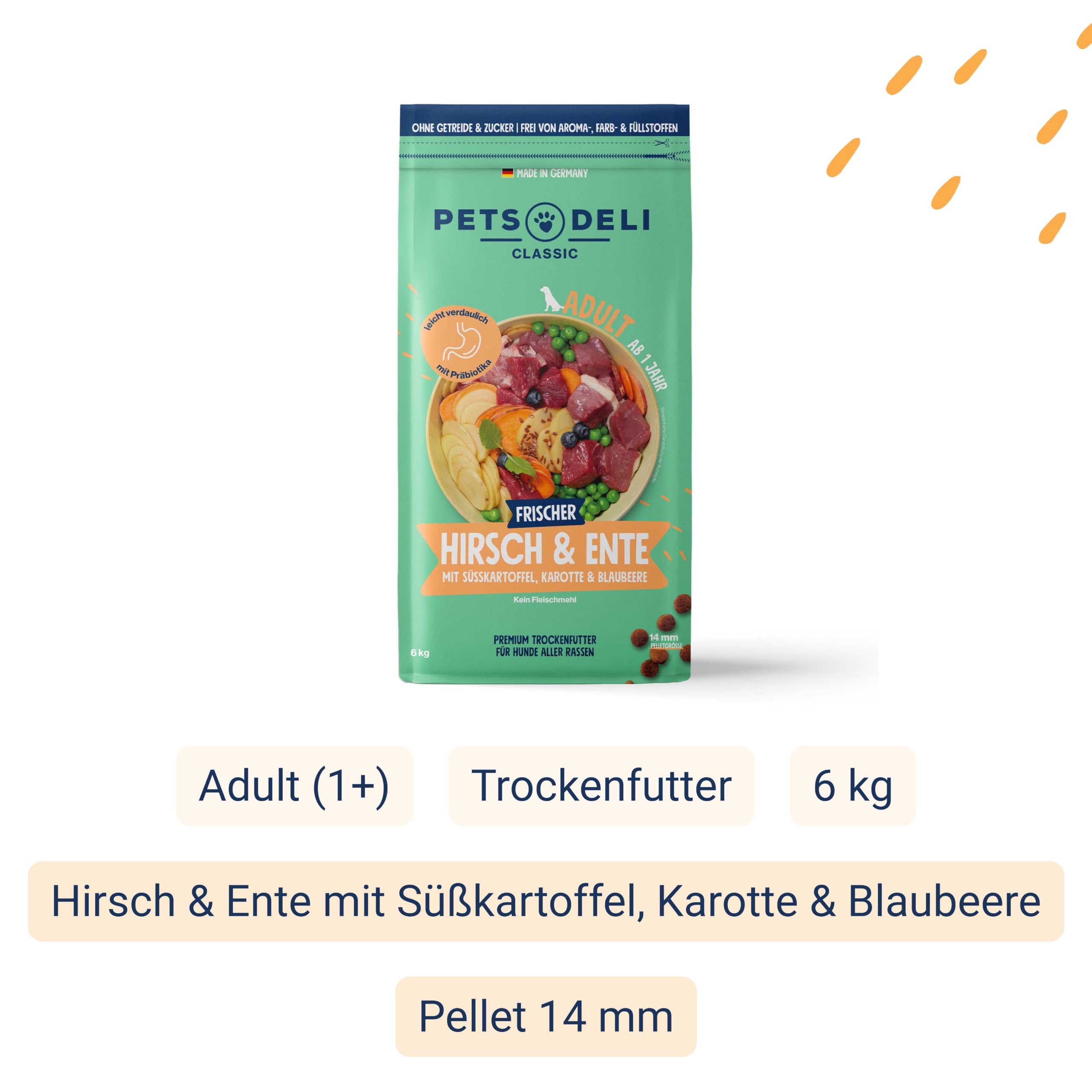 Pets Deli Classic Hunde Trockenfutter Hirsch, Ente & Süßkartoffel, leicht verdaulich, getreidefrei, ohne Zucker, 6 kg, Premium Qualität