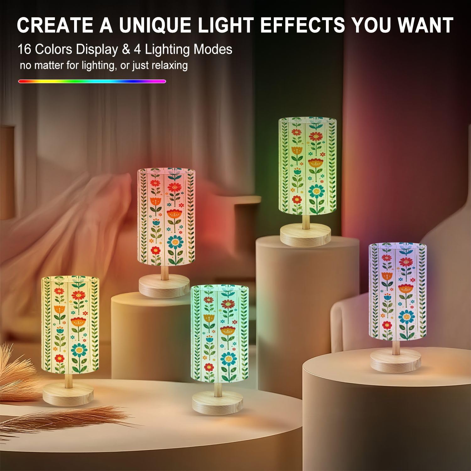 Colorful Floral Stylized Wood Base Bedside Table Lamp image 3