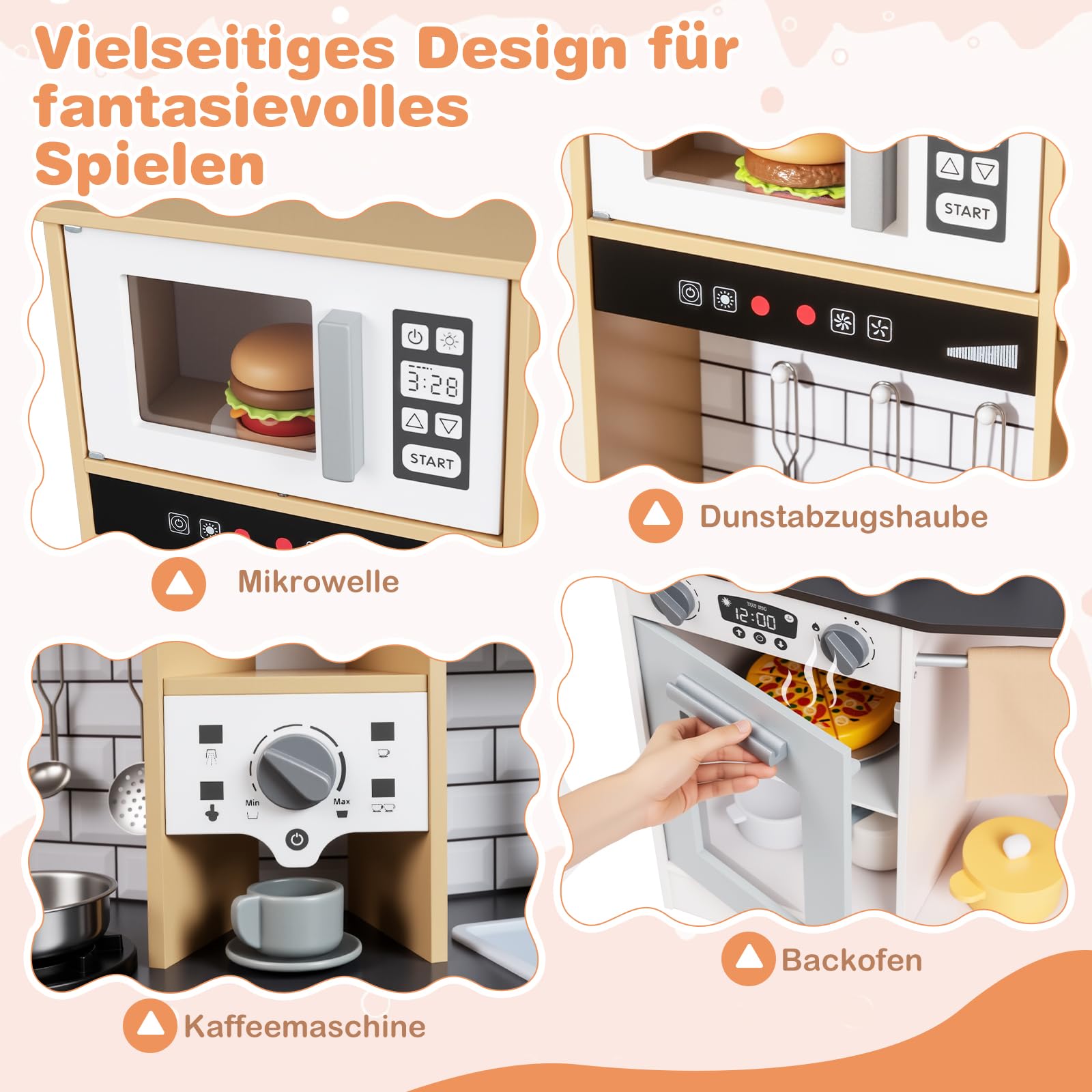 COSTWAY Kinderküche mit 10 TLG. Zubehör, Holz Spielküche mit Licht und Sound, Holzküche inkl. Herd, Spüle, Eismaschine, Kaffeemaschine, Mikrowelle & Ofen, Spielzeugküche für Kinder ab 3 Jahren (Grau)