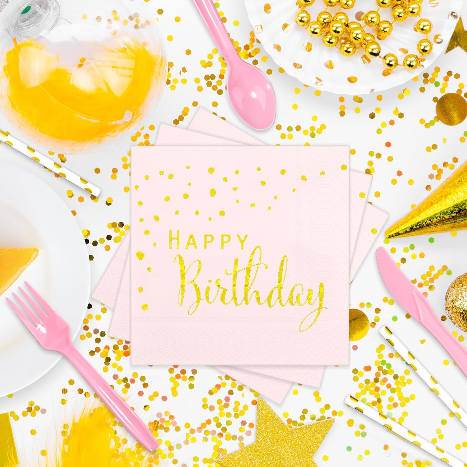 DYLIVeS 192pcs Pink & Gold Dots Happy Birthday Party Pack, Disposable Plates, Napkins, Cups, Straws, Balloons, Cutlery - Serves 24
