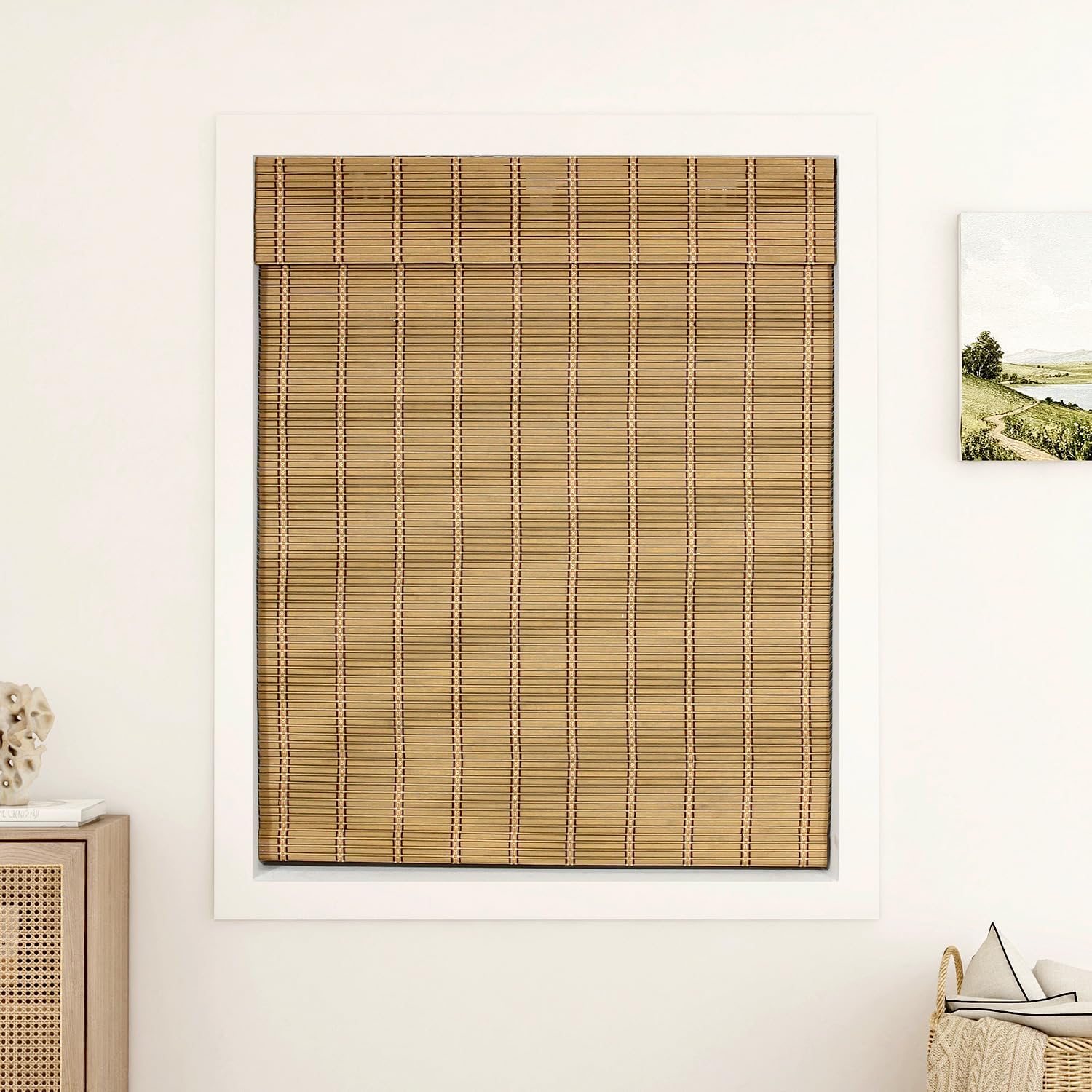 Cordless Bamboo Roman Shades with Valance, Light Filtering Blinds for Indoor Windows, Windows Shades for Home, 37" W x 60" H, Charcoal