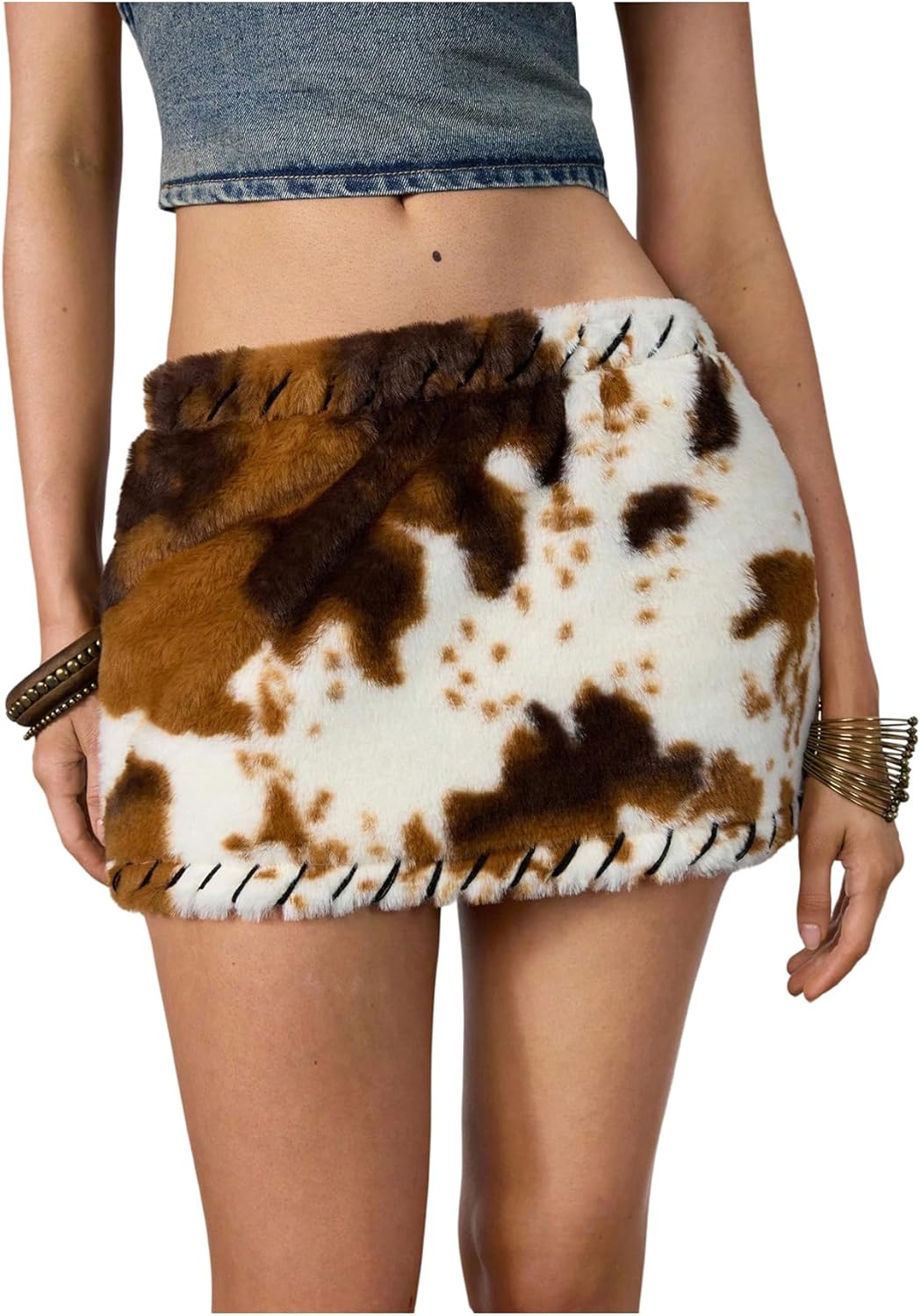 MakeMeChic Women's Cow Print Fuzzy Mini Skirt Bodycon Low Waisted Cowboy Chic Outfits