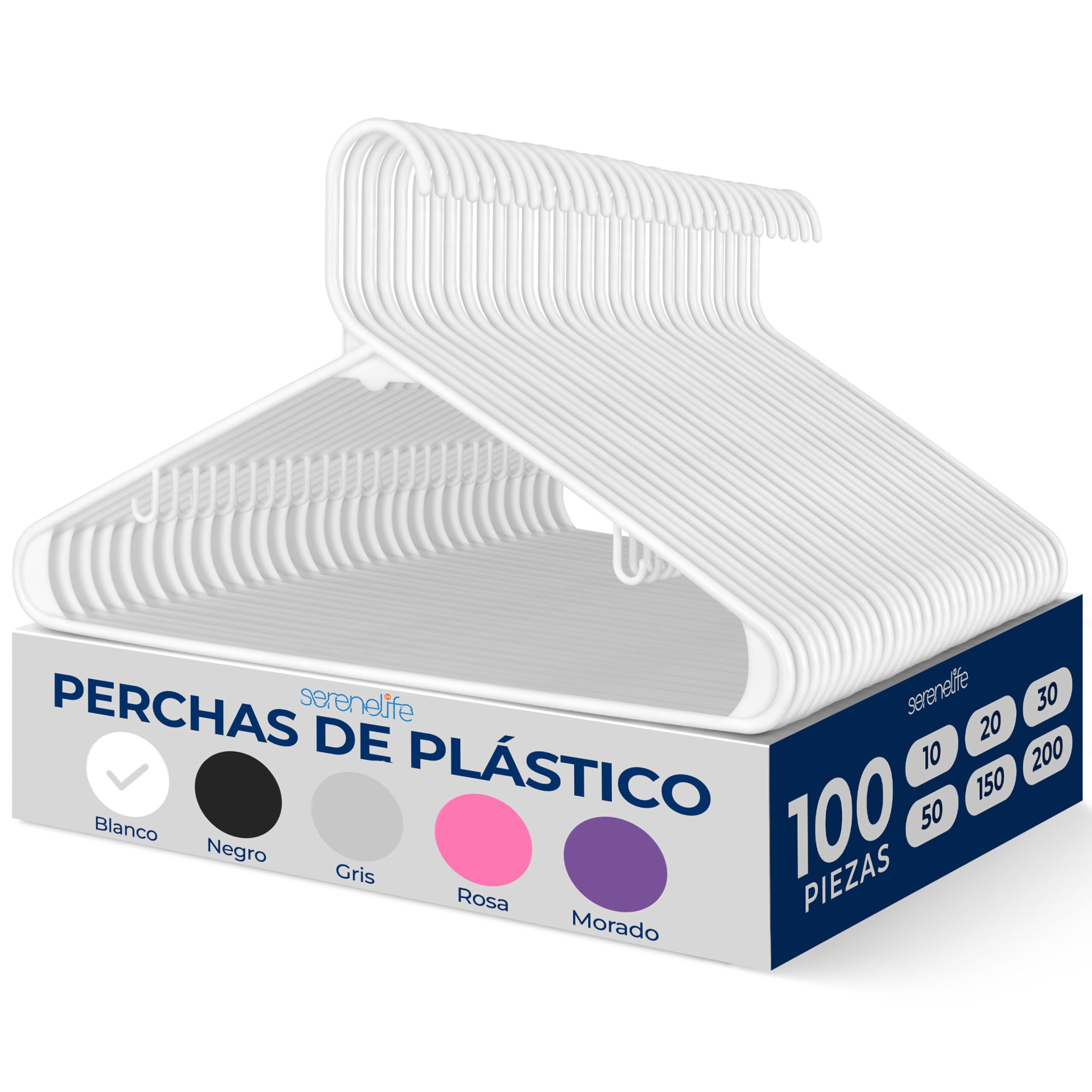 SereneLife Perchas, Blancas, Standard, plastico, 100 Piezas, Perchas de Ropa Adultos, ahorran Espacio, duraderas