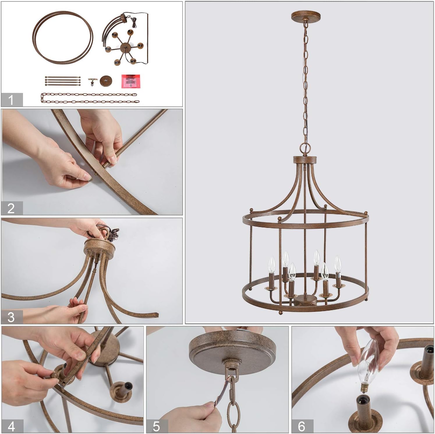 Farmhouse Chandelier, 21.5'' Chandelier Light Fixture, 6-Light Drum Pendant Light Fixtures in Antique Rust Finish for Dining Room, Kitchen Island, Foyer