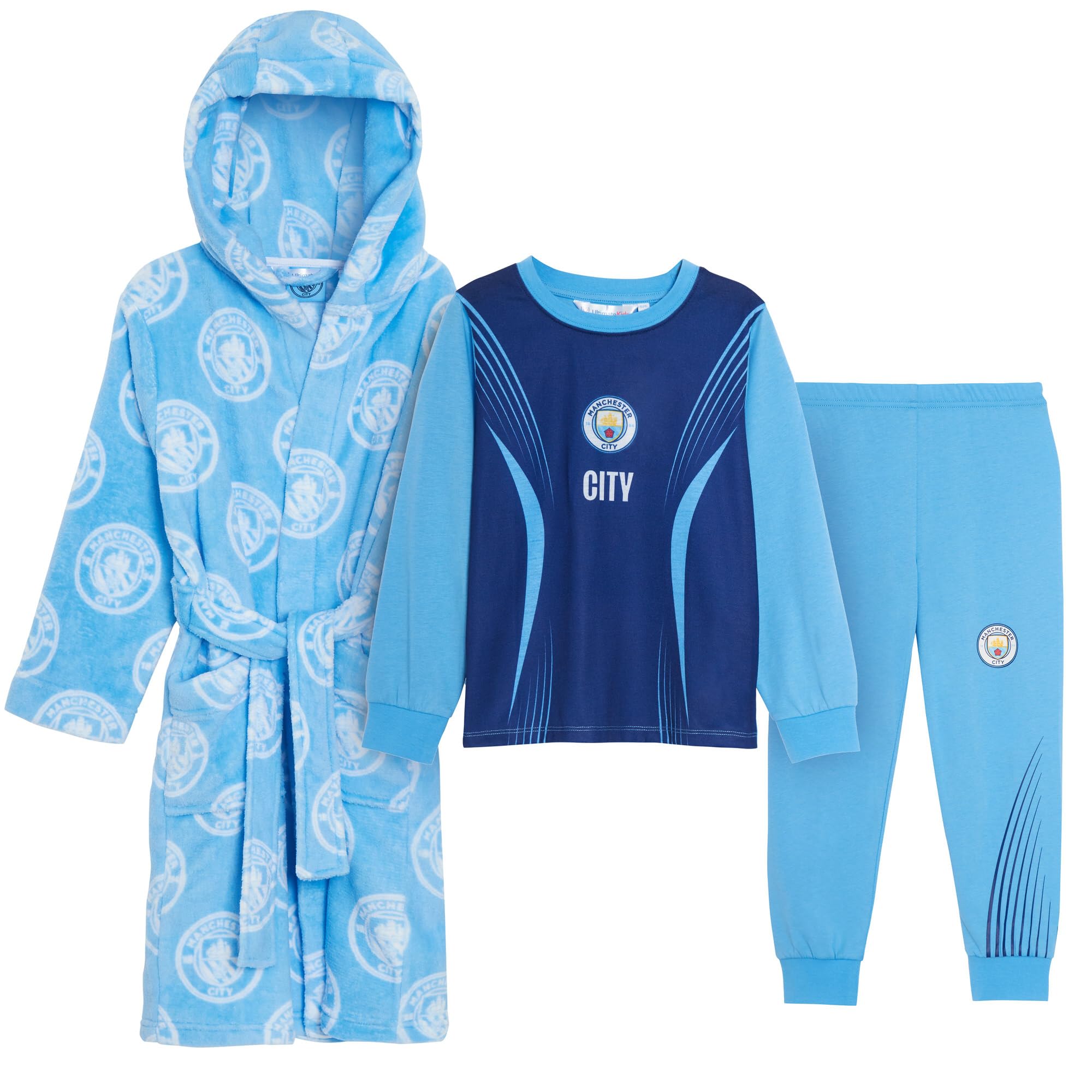 MANCHESTER CITY Pijama para niños + bata con capucha de 3 piezas, bata de fútbol + conjunto de pijama