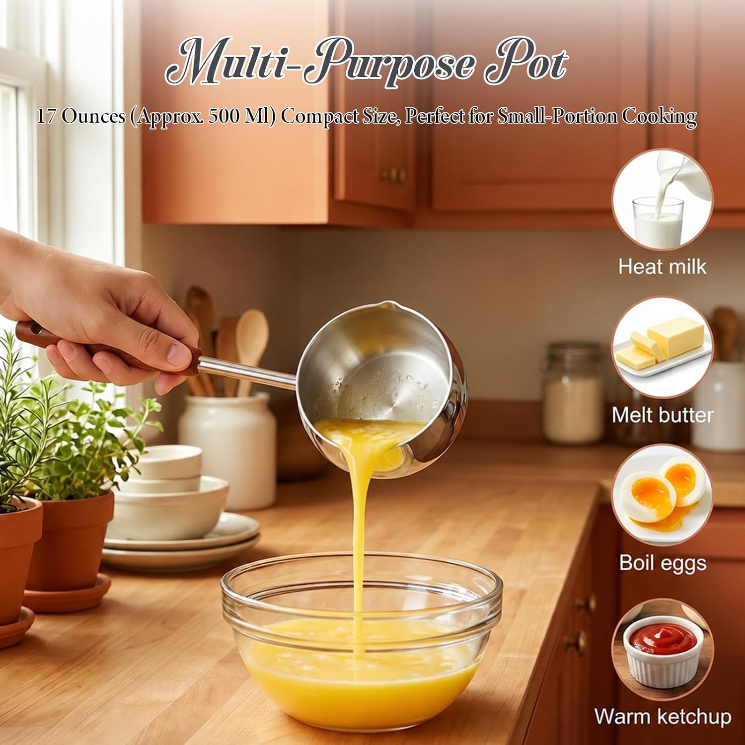 2 Pcs 18/10 Stainless Steel Butter Warmer Measuring Pan 17 Oz/0.5 Qt Milk Coffee Chocolate Butter Melting Pot with Dual Pour Spout and Wooden Handle for Induction Cookers and Gas Stoves