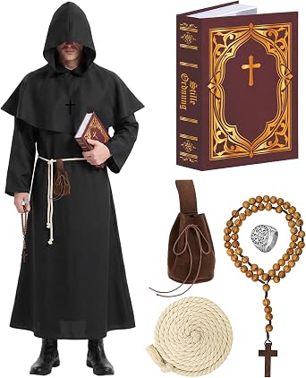 Monk Costume Halloween Costume Men, Medieval Monk's Robe with Hood Cape, Notebooks, Cross Decorations, Ring and Belt Pouch, Renaissance Priest Robe Fancy Dress for Carnival Halloween Cosplay