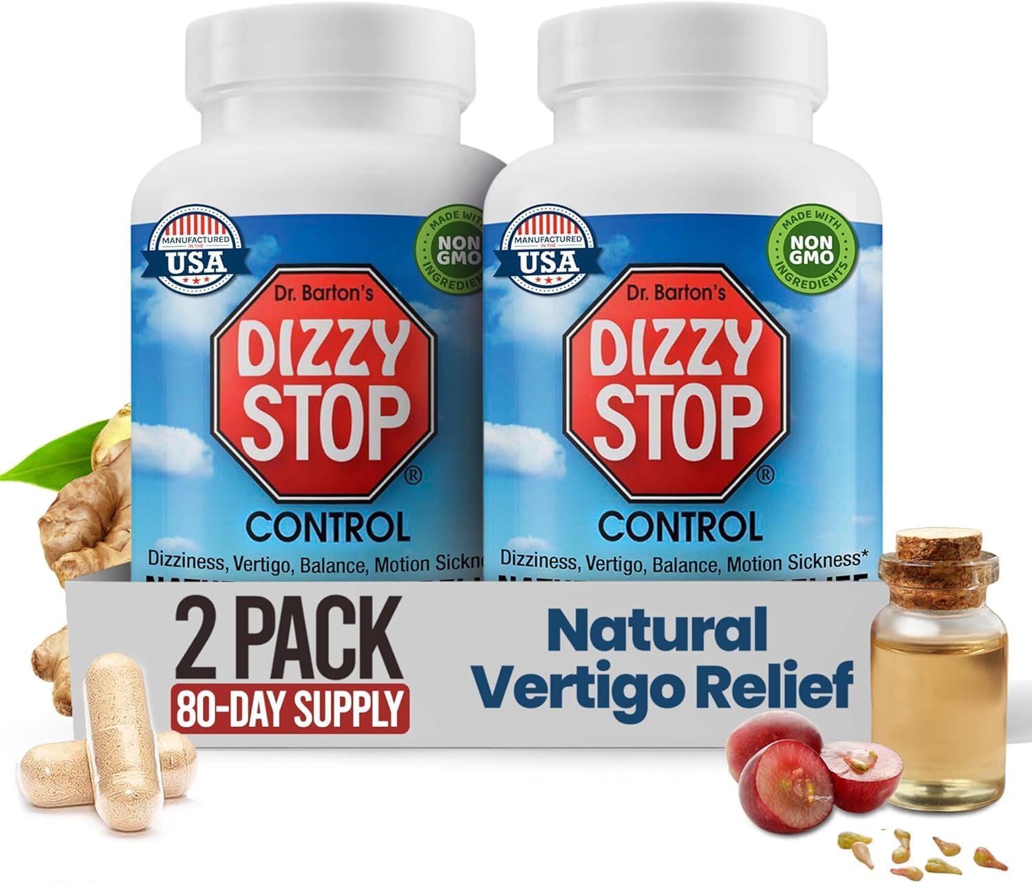 Dizzy Stop Dr. Barton's Vertigo Relief Products with Ginger and Grape Seed - Non-Drowsy Motion Sickness Pills for Dizziness Relief and Inner Ear Balance - (80 Count – Pack of 2)