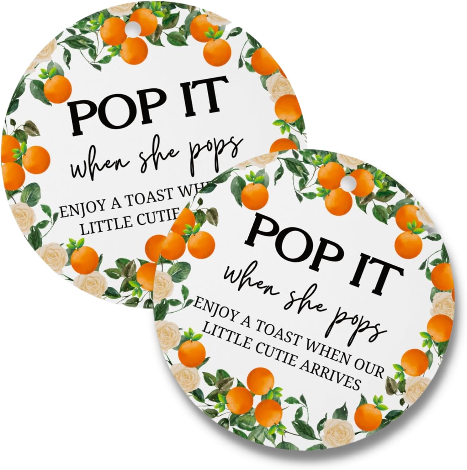 Orange Pop It When She Pops Cutie Mini Champagne Bottle Tags | 30 pk 2.5” Hang Circles with Hole for Gender Reveal Baby Shower Party Favor Sprinkle Labels Stickers