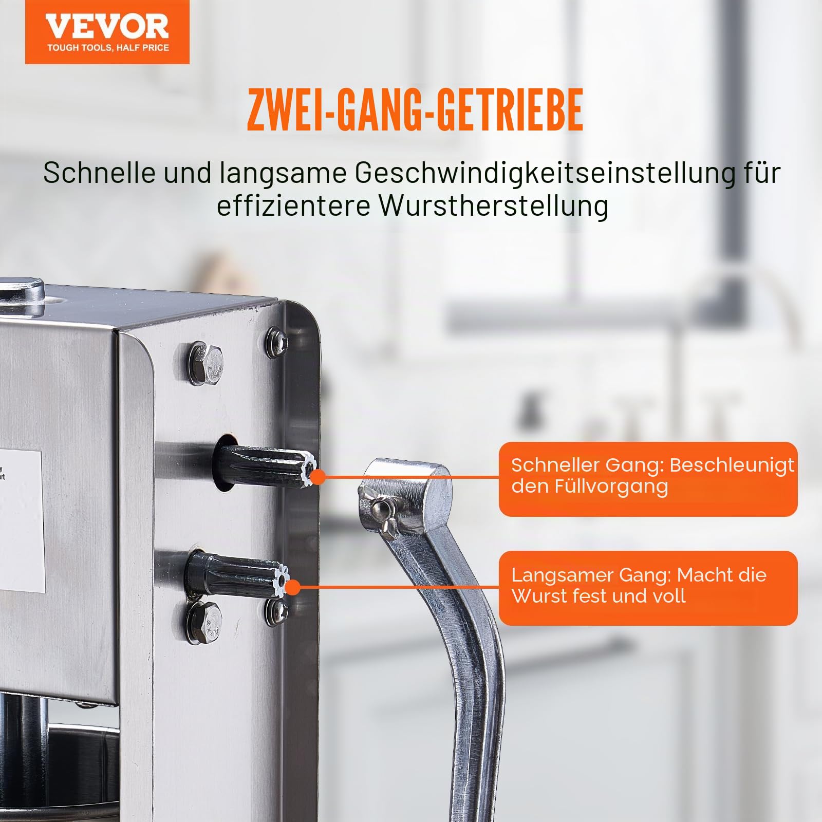VEVOR Manueller Wurstfüller, 7 l / 15 Pfund vertikale Wurstmaschine, Fleischfüller mit zwei Geschwindigkeiten, aus lebensmittelechtem 304 Edelstahl, inkl. 5 Füllrohren, für Zuhause, Küche, Restaurant