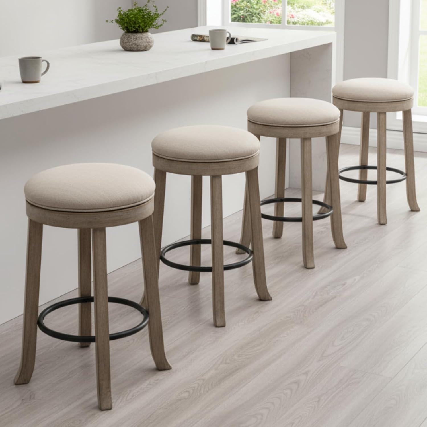 HEAH-YO 360° Swivel Bar Stools Set of 4, 25.6" Farmhouse Counter Height Stools with Solid Wood Legs, Modern Backless Barstools for Dining Room Kitchen Pub with Footrest,Beige