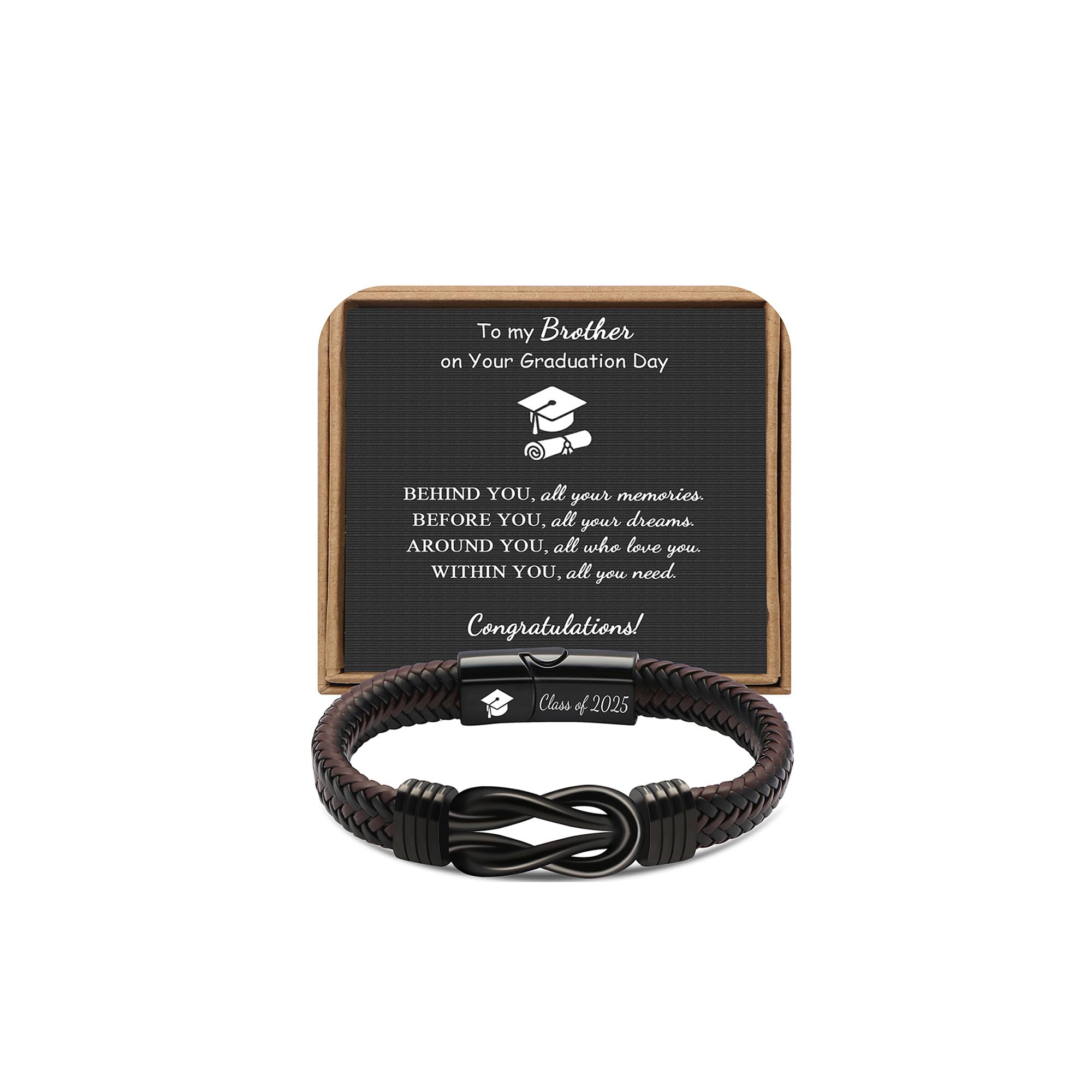 JoycuFF 𝗚𝗿𝗮𝗱𝘂𝗮𝘁𝗶𝗼𝗻 𝗚𝗶𝗳𝘁𝘀 𝗳𝗼𝗿 𝗛𝗶𝗺 𝟮𝟬𝟮𝟱 High School, College Graduation Gifts for Men Class of 2025 Leather Stainless Steel Knot Bracelet for Son Boyfriend Brother Grandson Friends