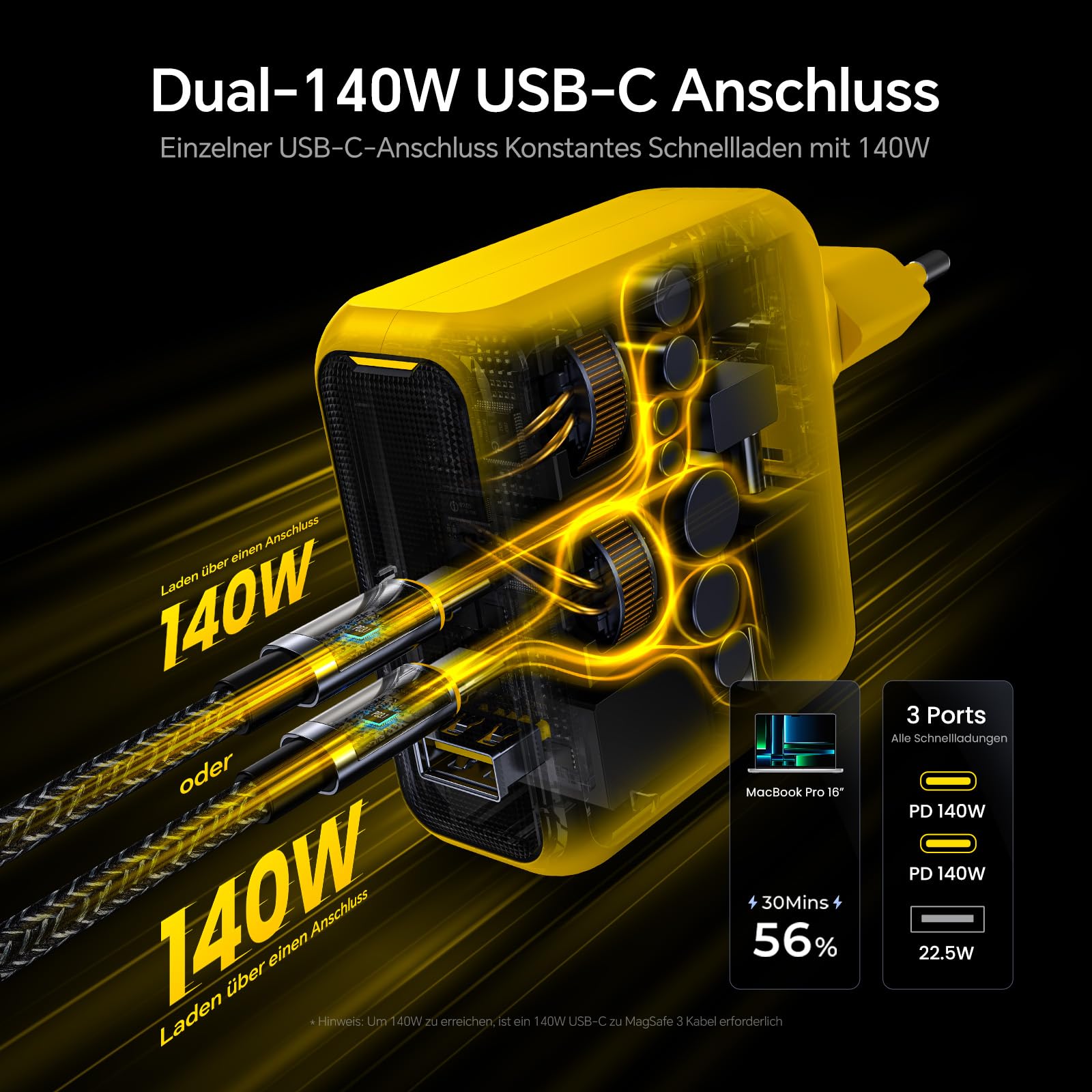 AOHI Magcube - Caricatore USB C da 140 W, PD3.1, 3 porte, GaN+ Laptop Charger 100 W, spina di ricarica per MacBook Pro 16", Dell XPS, iPad, Galaxy, iPhone 15, Chromebook