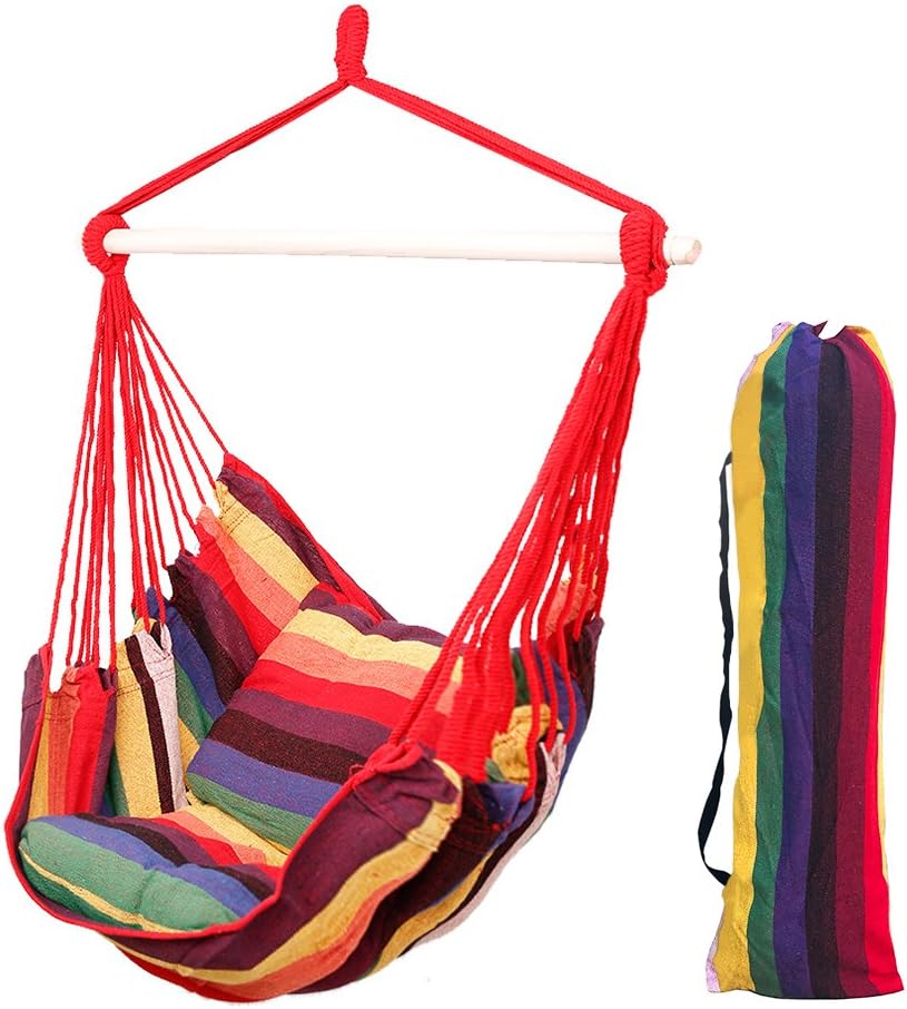Hanging Hammock Chair, Vanfree Porch Swing Seat Sky Chair for Patio Bedroom Dorm Porch Tree Indoor and Outdoor, 2 Seat Cushions Included, Max. 260 Lbs Red