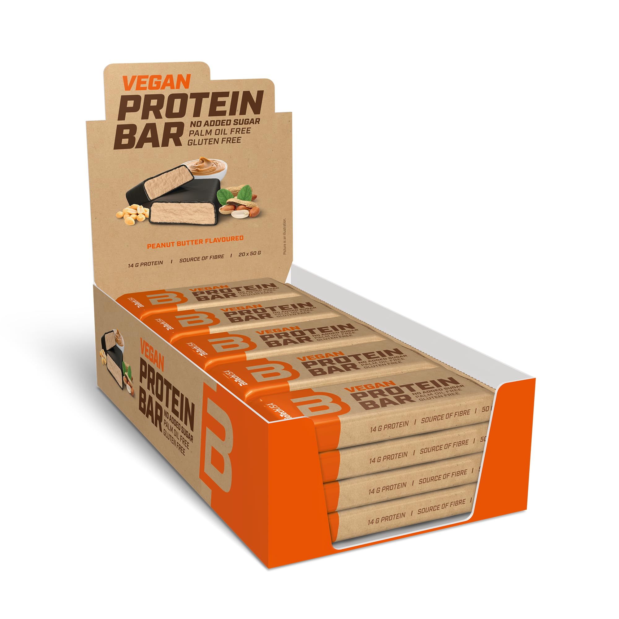 BioTechUSA Vegan Protein Bar, barre protéinée sans lactose ni gluten, à base de protéines végétales, avec un glaçage délicieux au chocolat, et sans sucres ajoutés, 20 * 50 g, Beurre de noisette