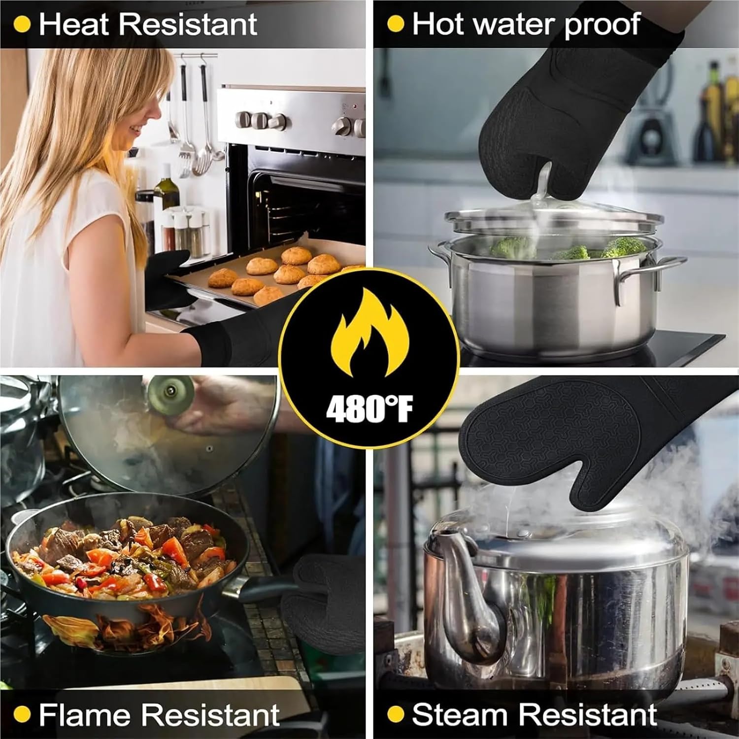 8PCS Heat Oven Mitts and Pot Holders Set, 480°F Safe, Extra Long Silicone with Soft Cotton Lining