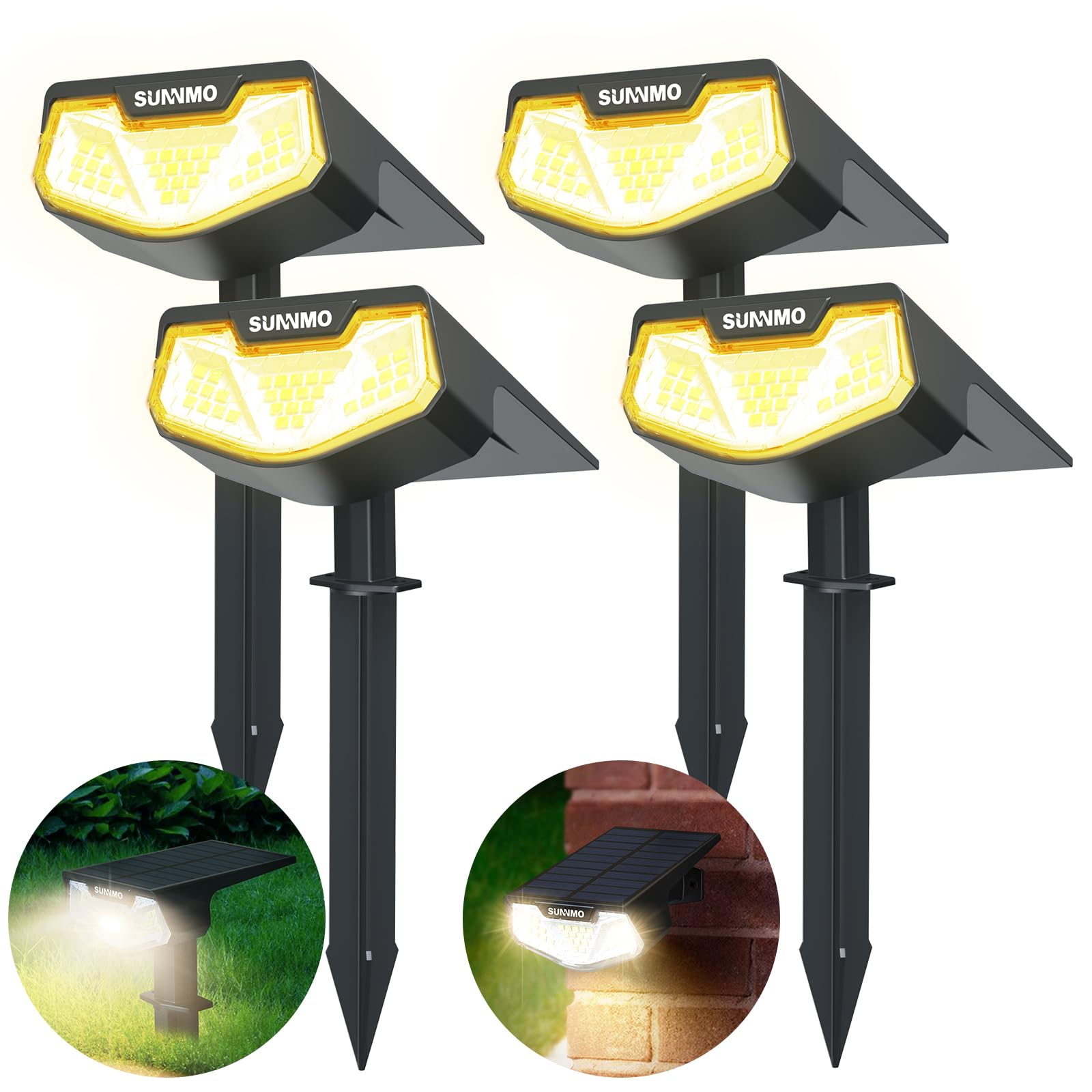 Luces Solares LED Exterior Jardin, 4 Piezas Focos LED Exterior Solares Jardin Potentes 32LED 3 Modos de Luz, Impermeable IP65 Lamparas Solares Lampara Foco Luz Solar Exterior Jardin Luz Cálida