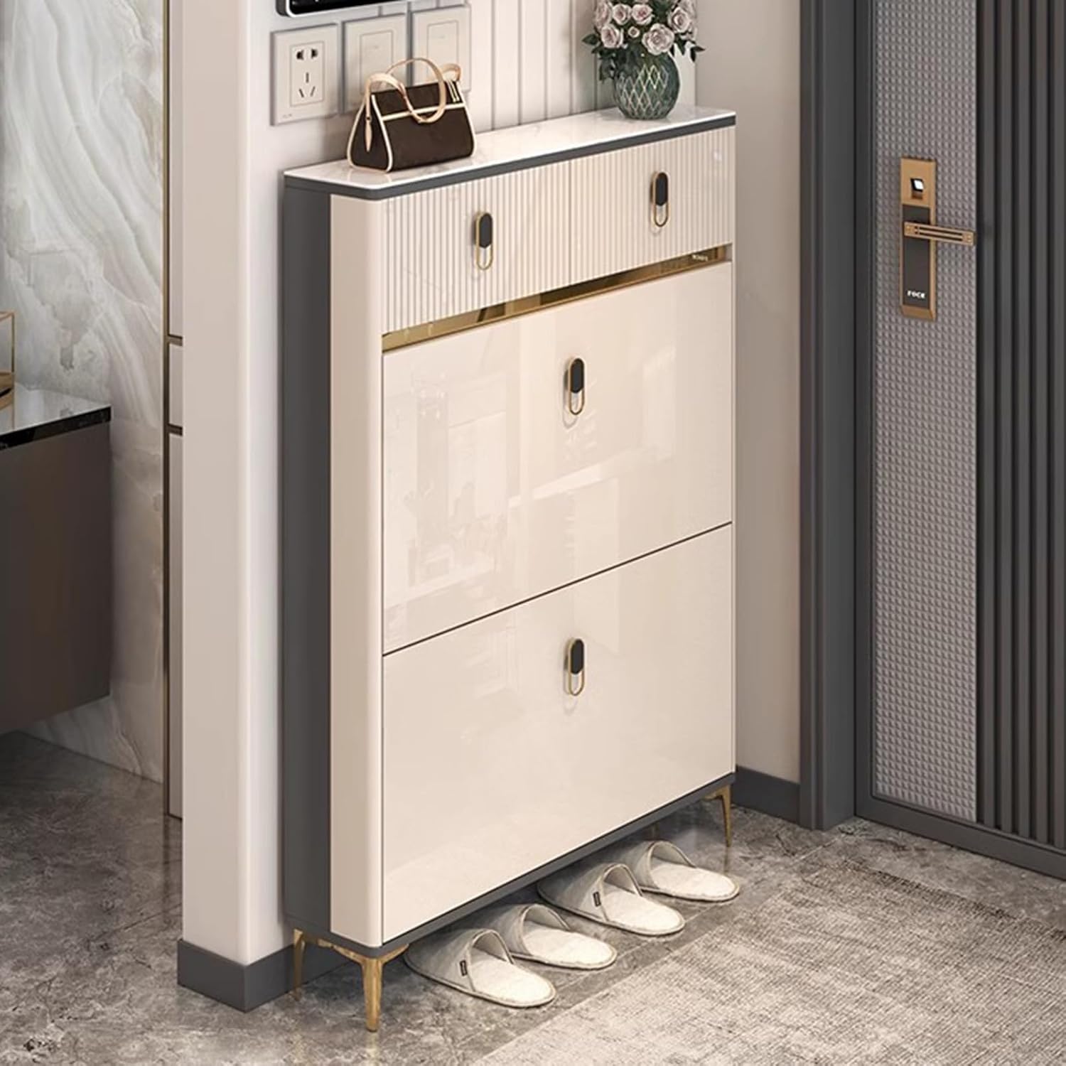 Slim Shoe Storage Cabinet 2-Tier with Drawers, Modern Tipping Bucket Shoe Cabinet, Free Standing Shoe Rack (100x17x102cm)