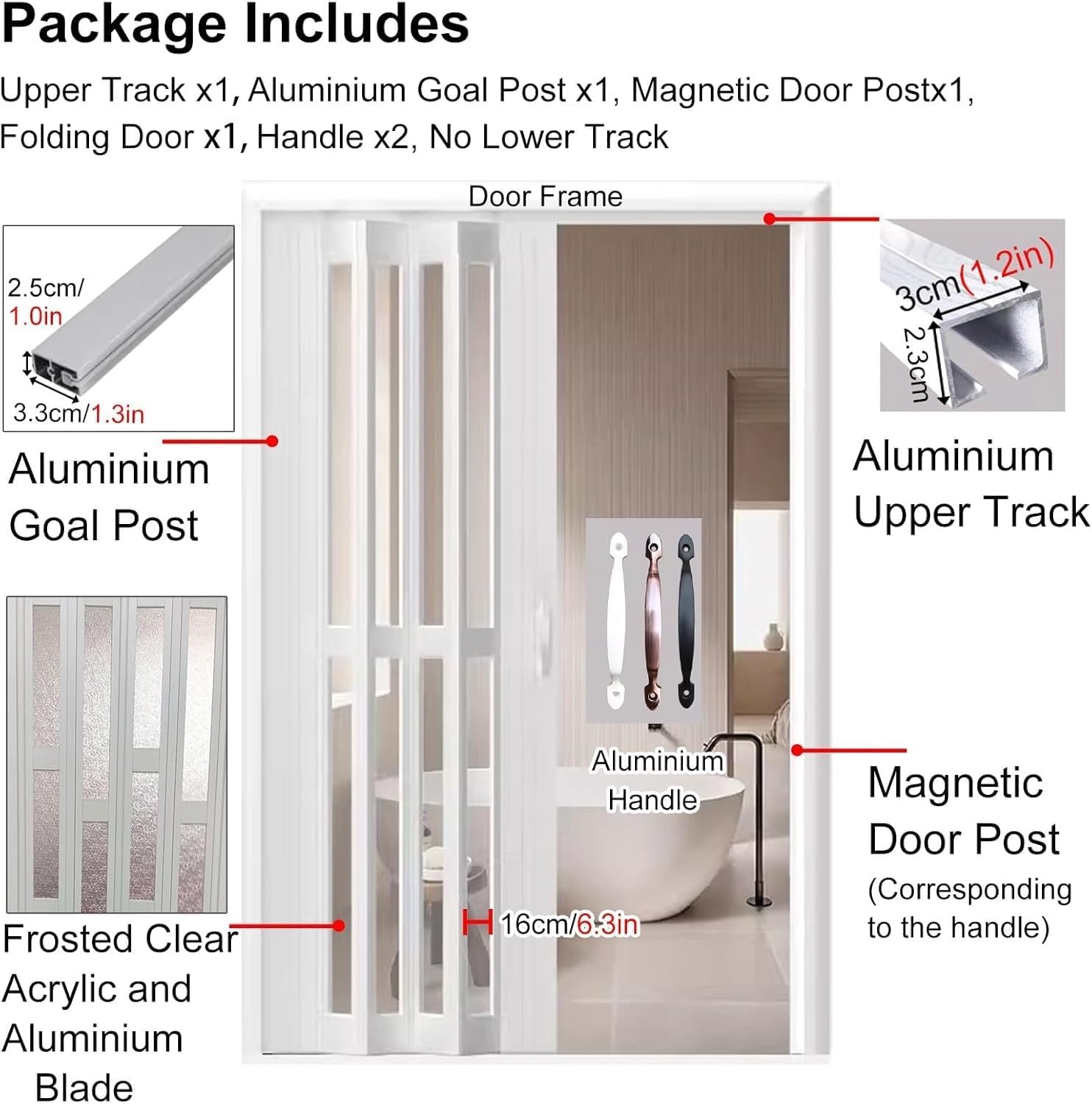 Accordion Sliding Interior Doors - Retractable Room Divider for Kitchen, Bedroom & Hallway, 50-170cm Wide, White with Handles & Acrylic Glass, 29x80in (73.5x203cm)